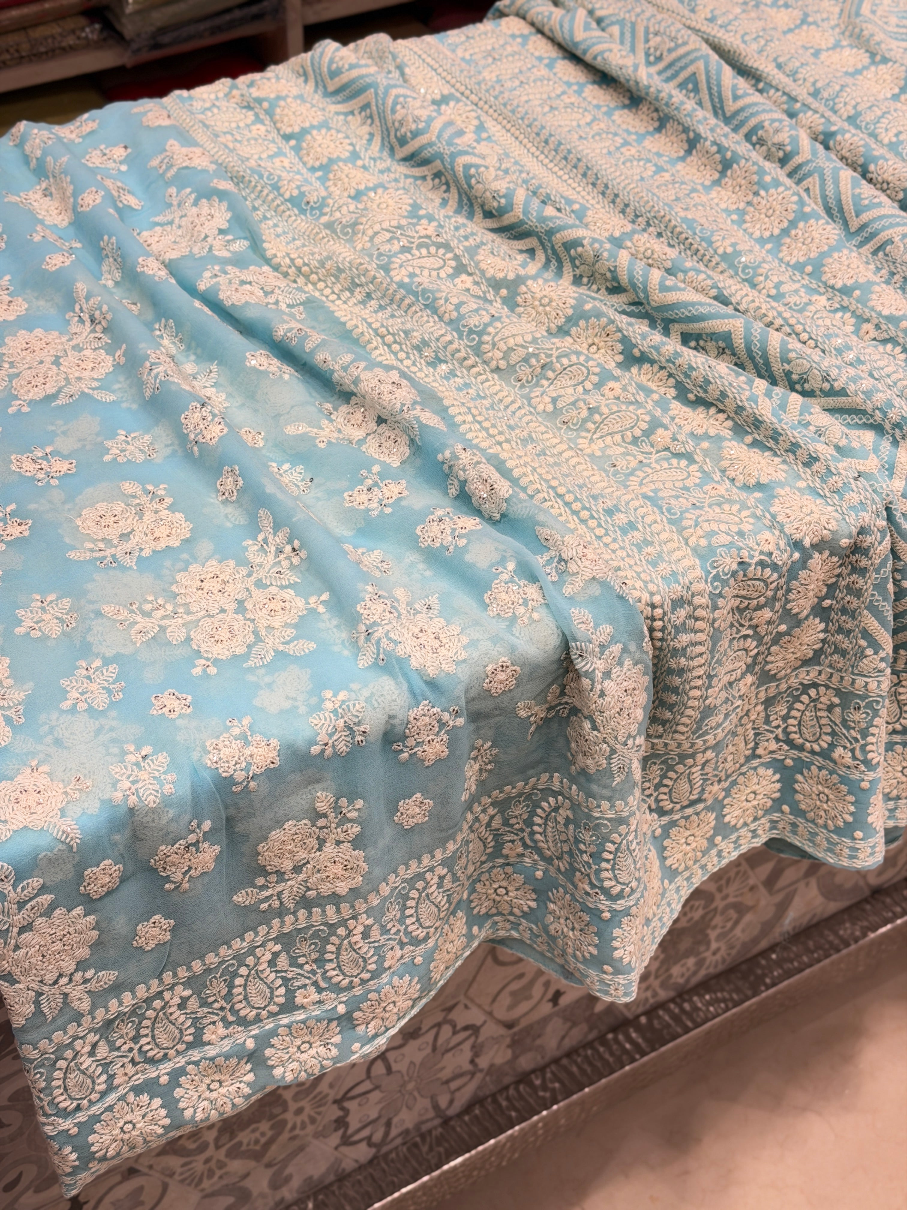 Light Blue Chikankari Georgette Resham Butta Saree