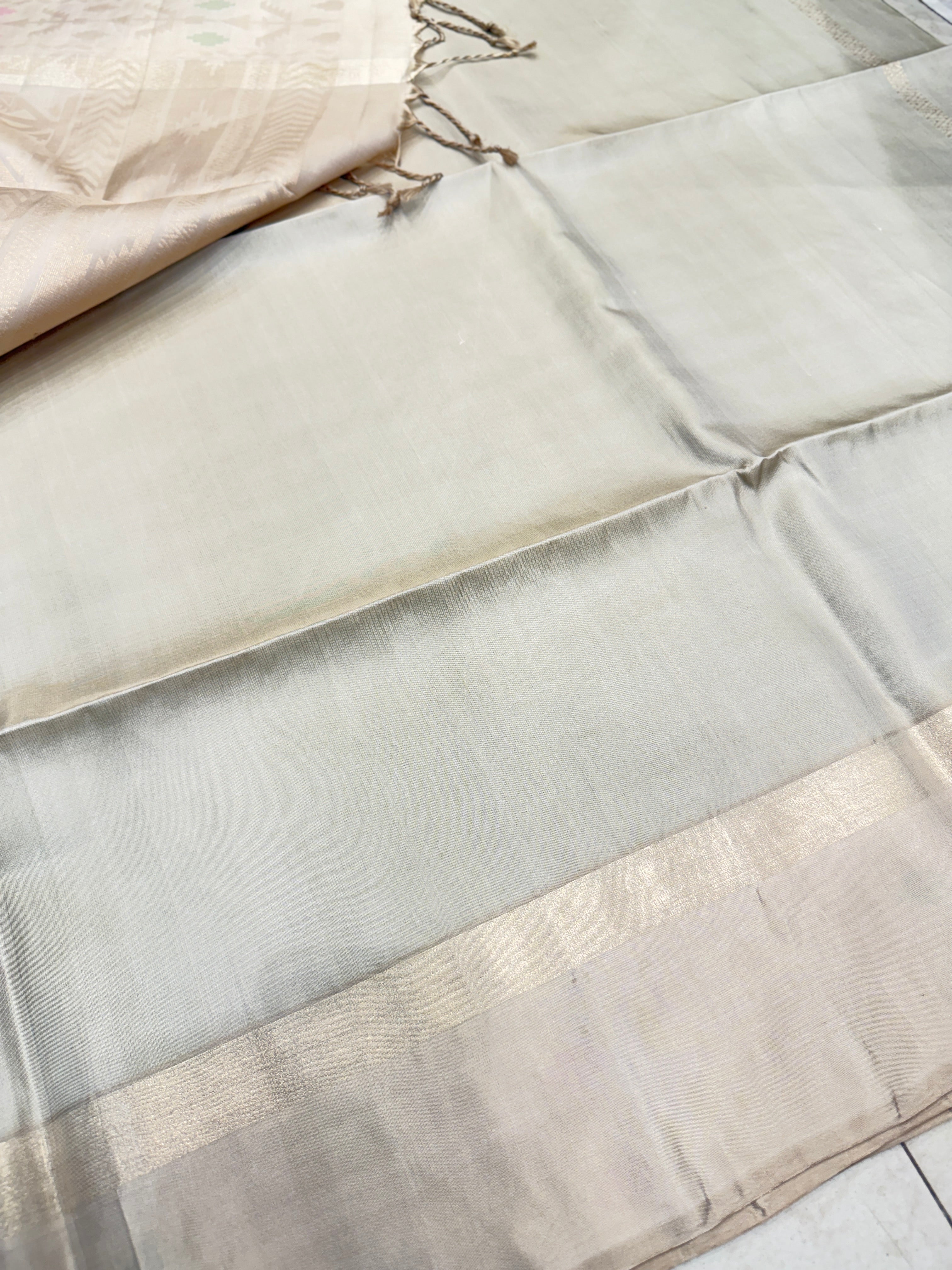 Pista Green Beige Contemporary Handloom Kanchipuram Pure Silk Saree