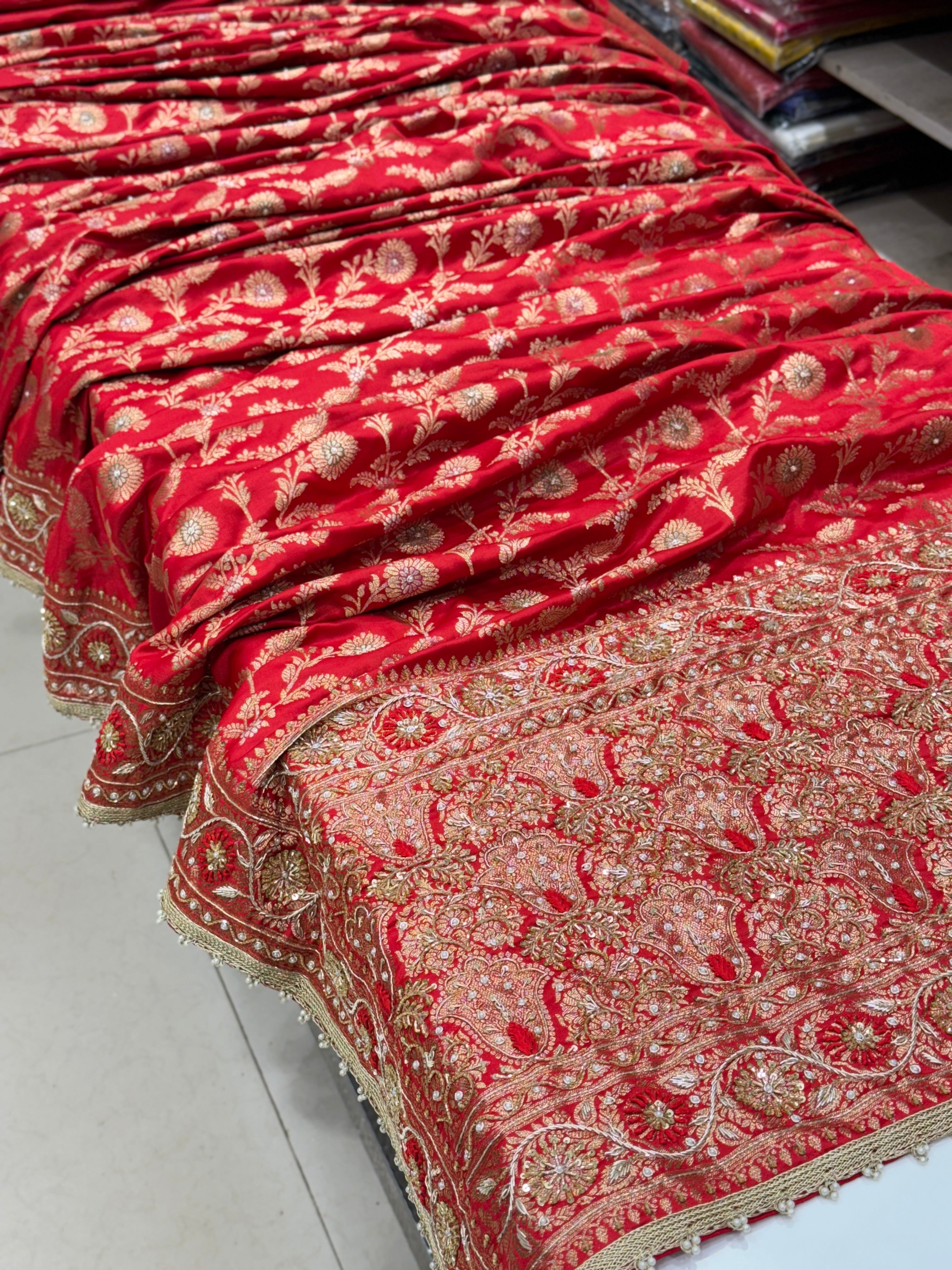 Red Banarasi Hand Embroidery Silk Saree