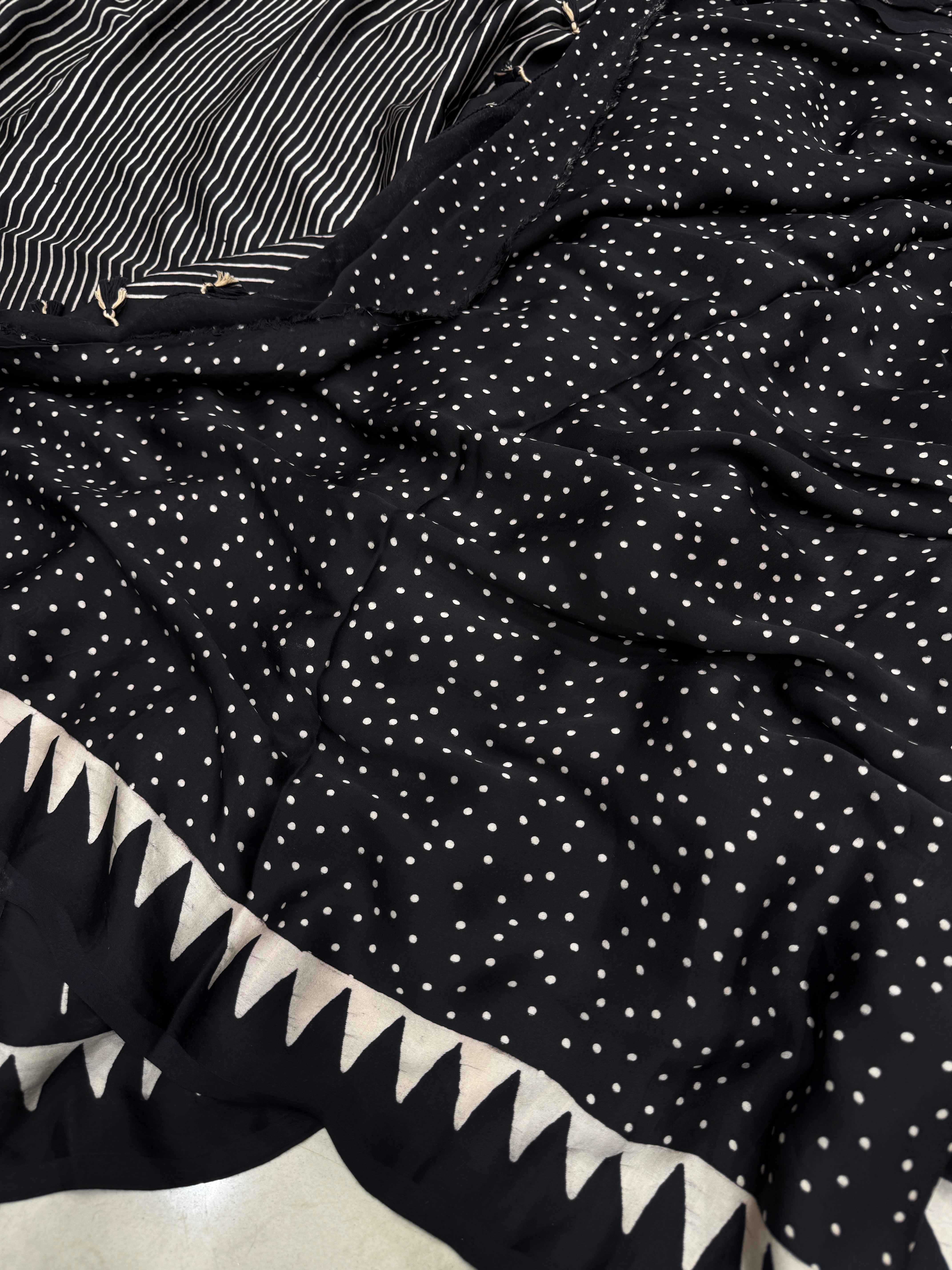 Black Contemporary Tree Buttis Ajrakh Block Print Hand Pure Gajji Silk Saree