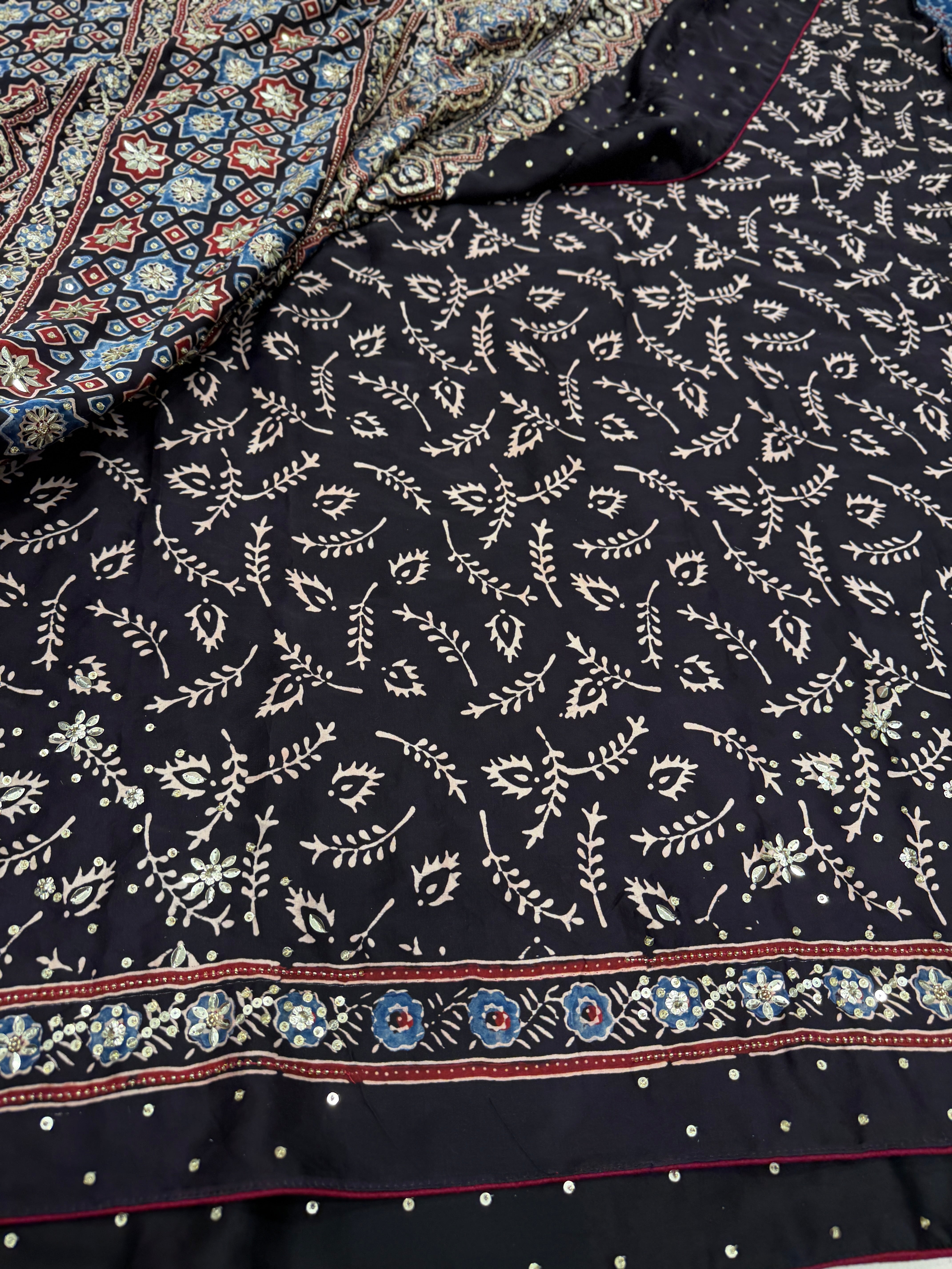 Blue Jaal Ajrakh Sequin Moti Hand Embroidery Saree