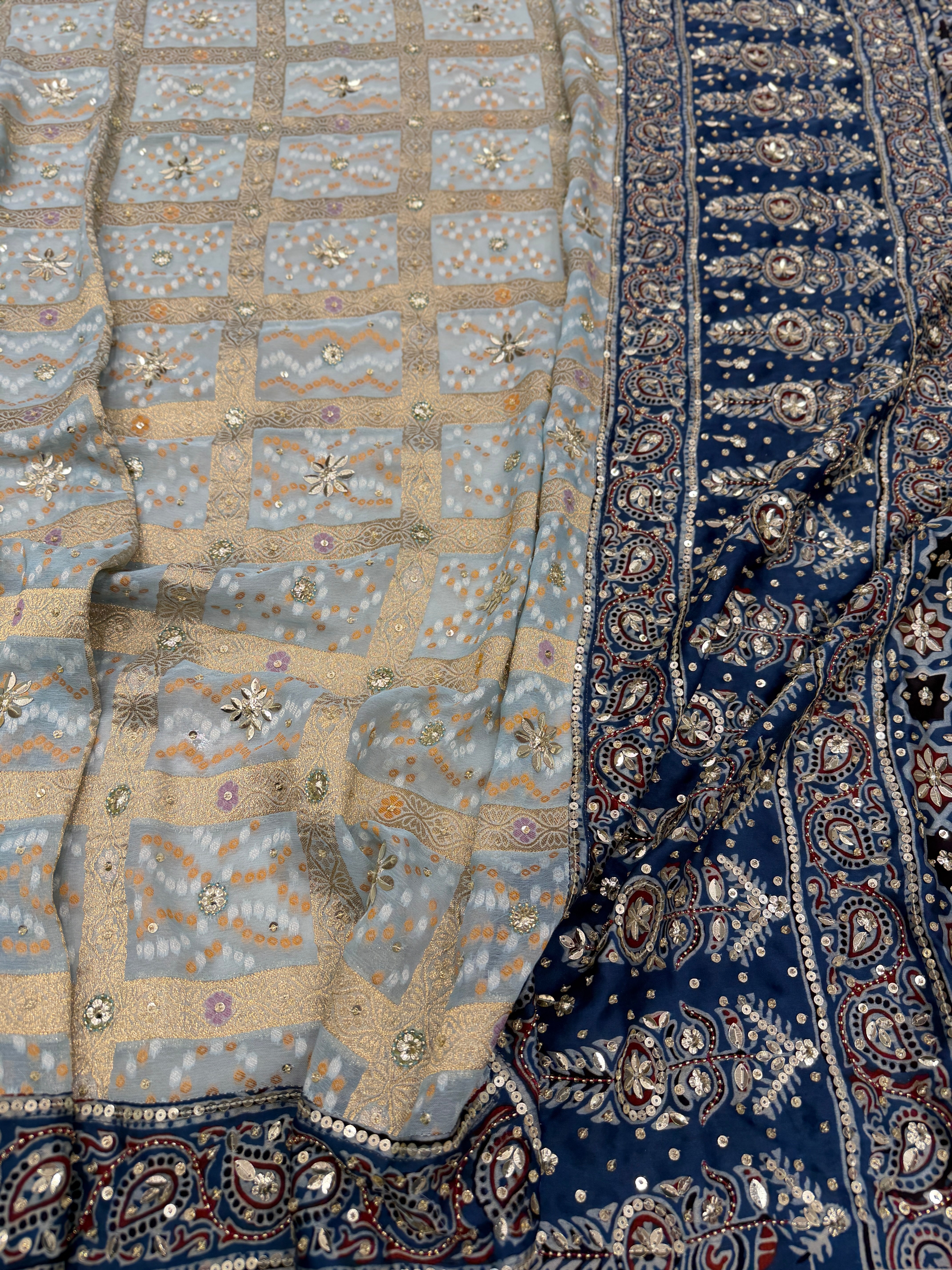 Light Blue Gharchola Ajrakh Hand Embroidery Saree