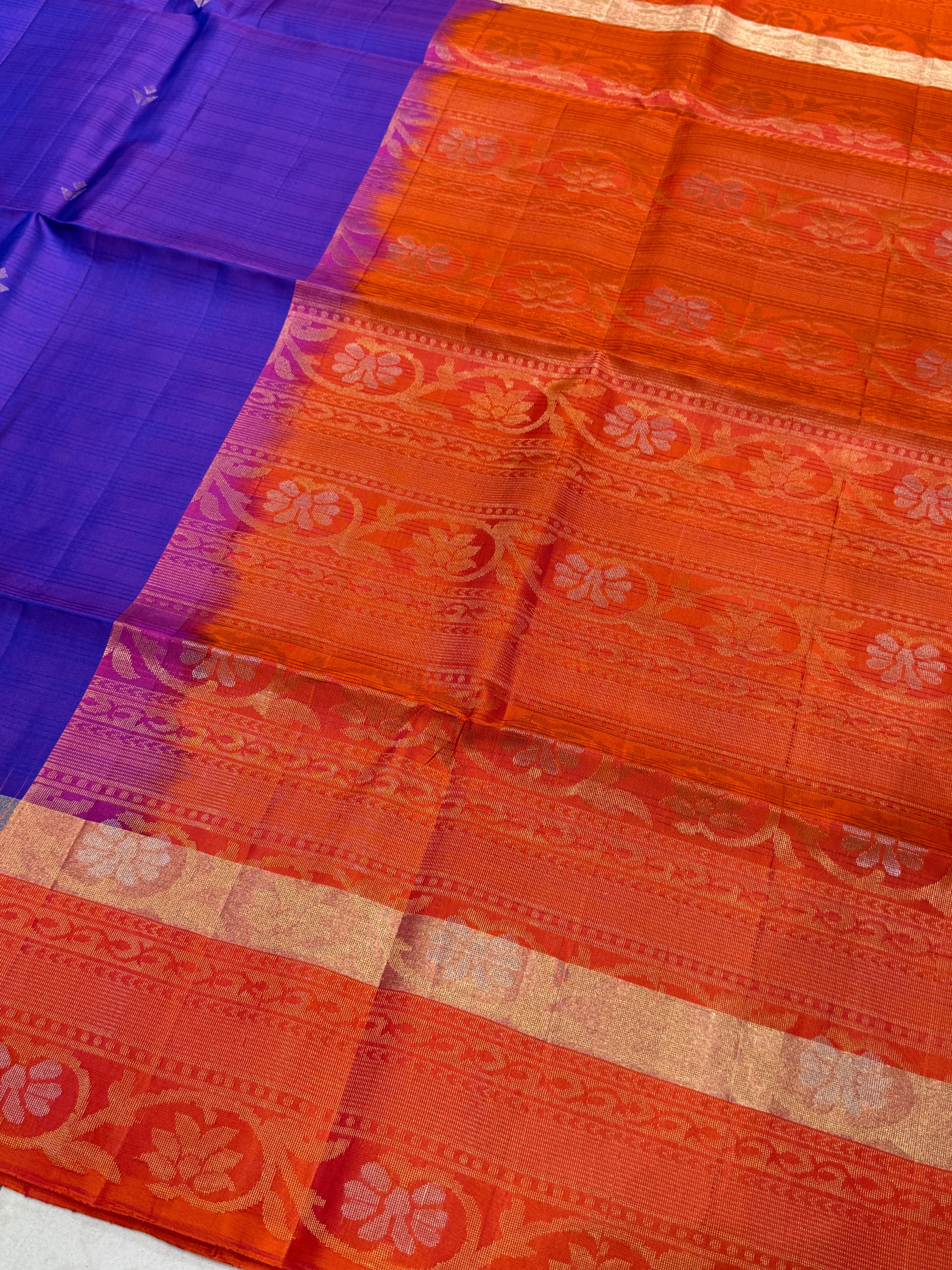 Purple Orange Small Buttis Handloom Kanchipuram Pure Silk Saree