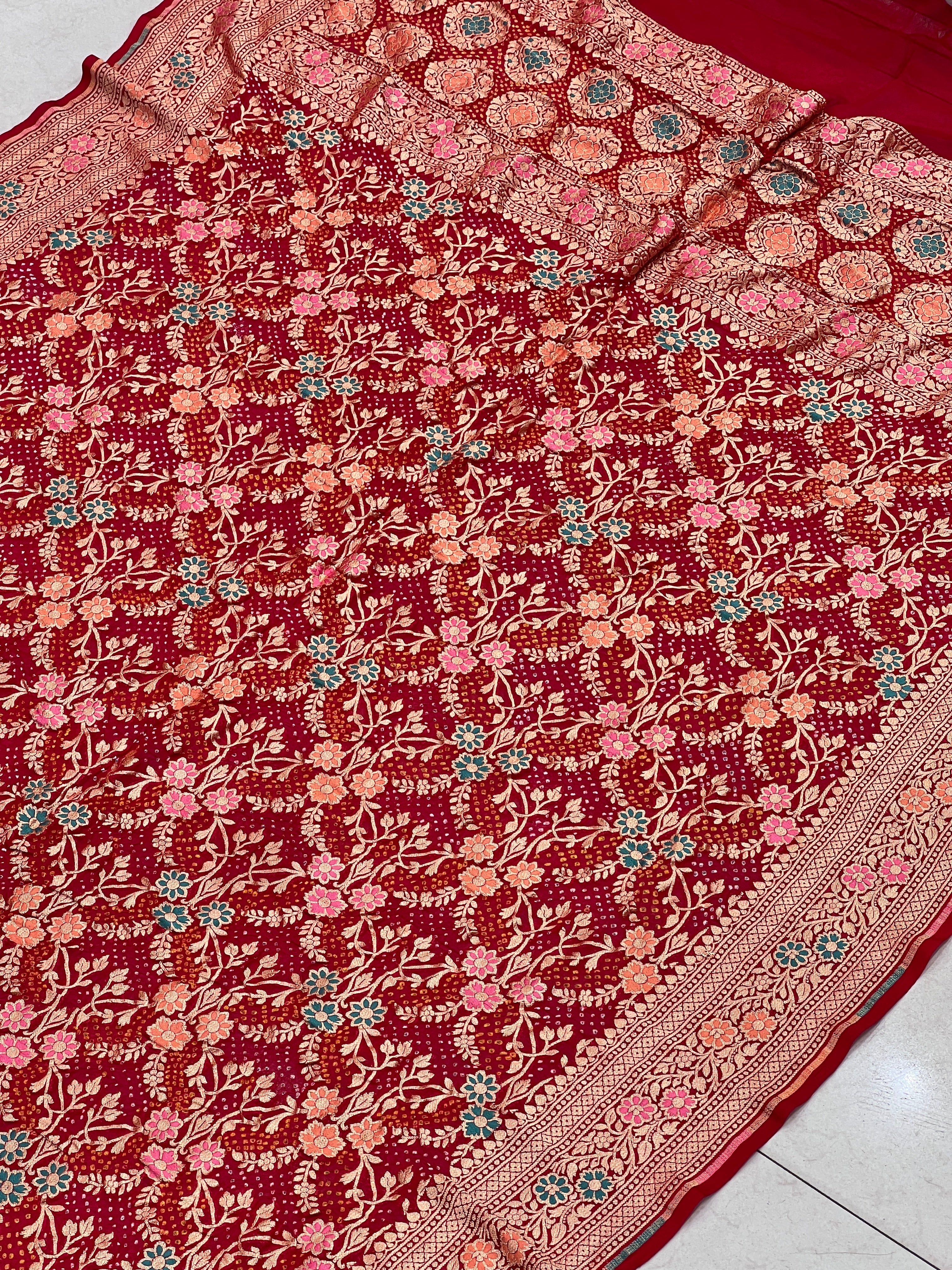 Red Meenakari Jaal Rai Bandhej Pure Zari Dupatta