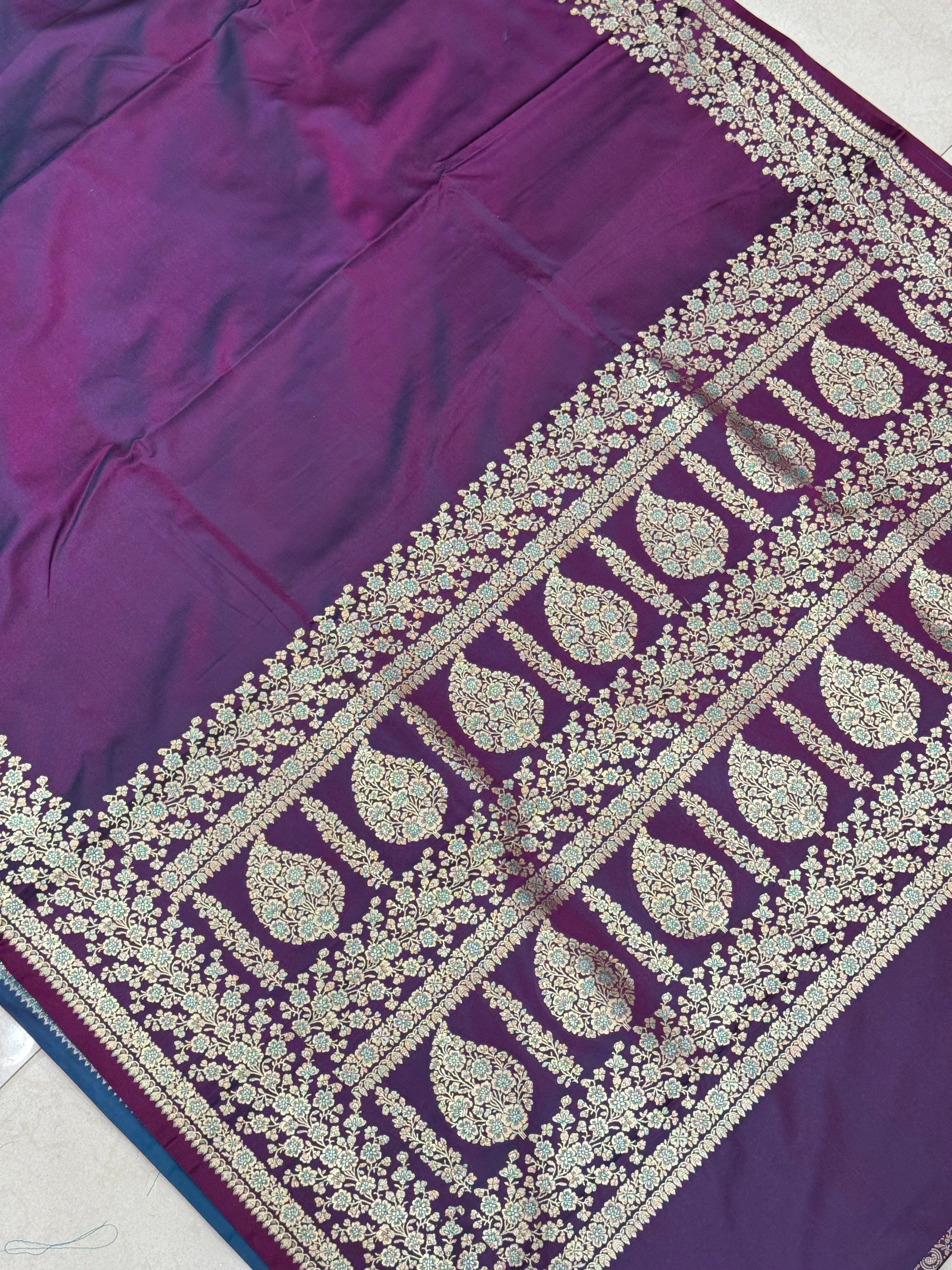 Wine Banarasi Silk Plain Floral Border Saree