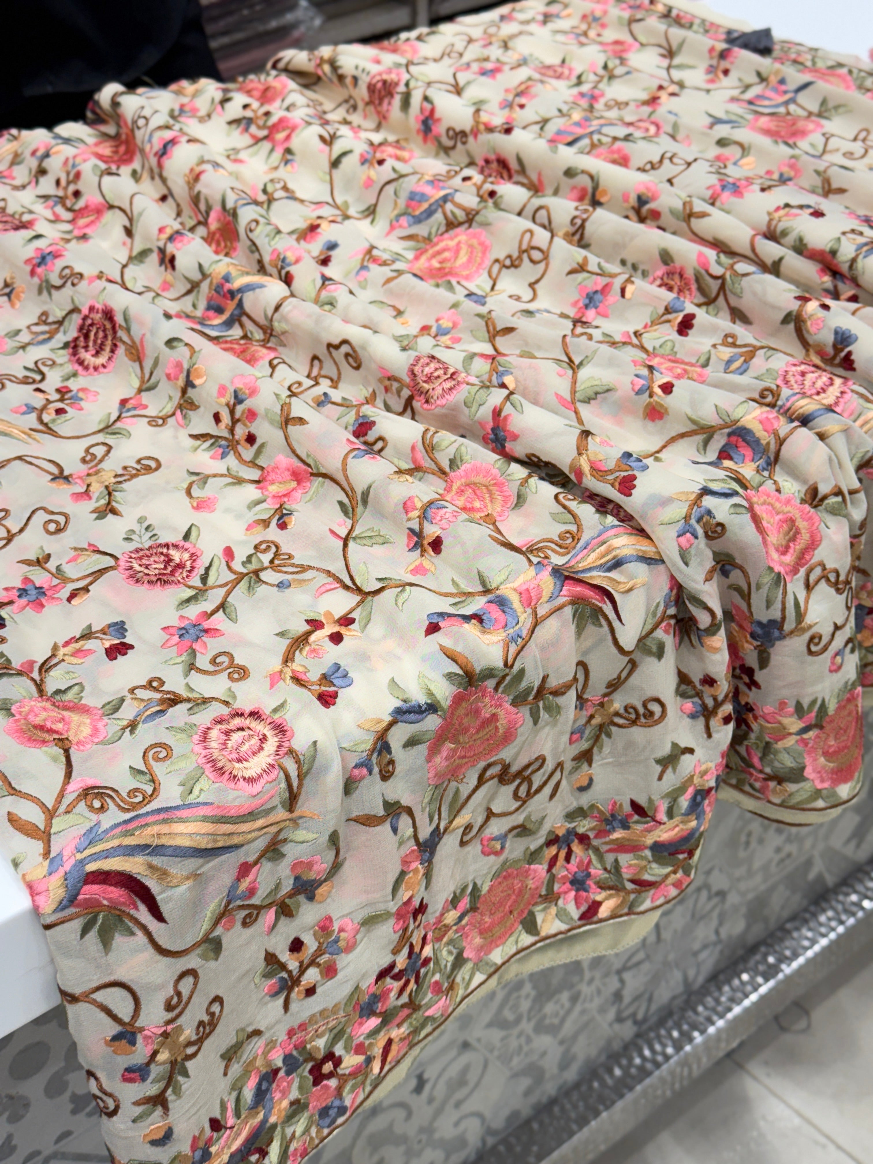 White Georgette Multi Colour Jaal Flamingo Parsi Gara Saree