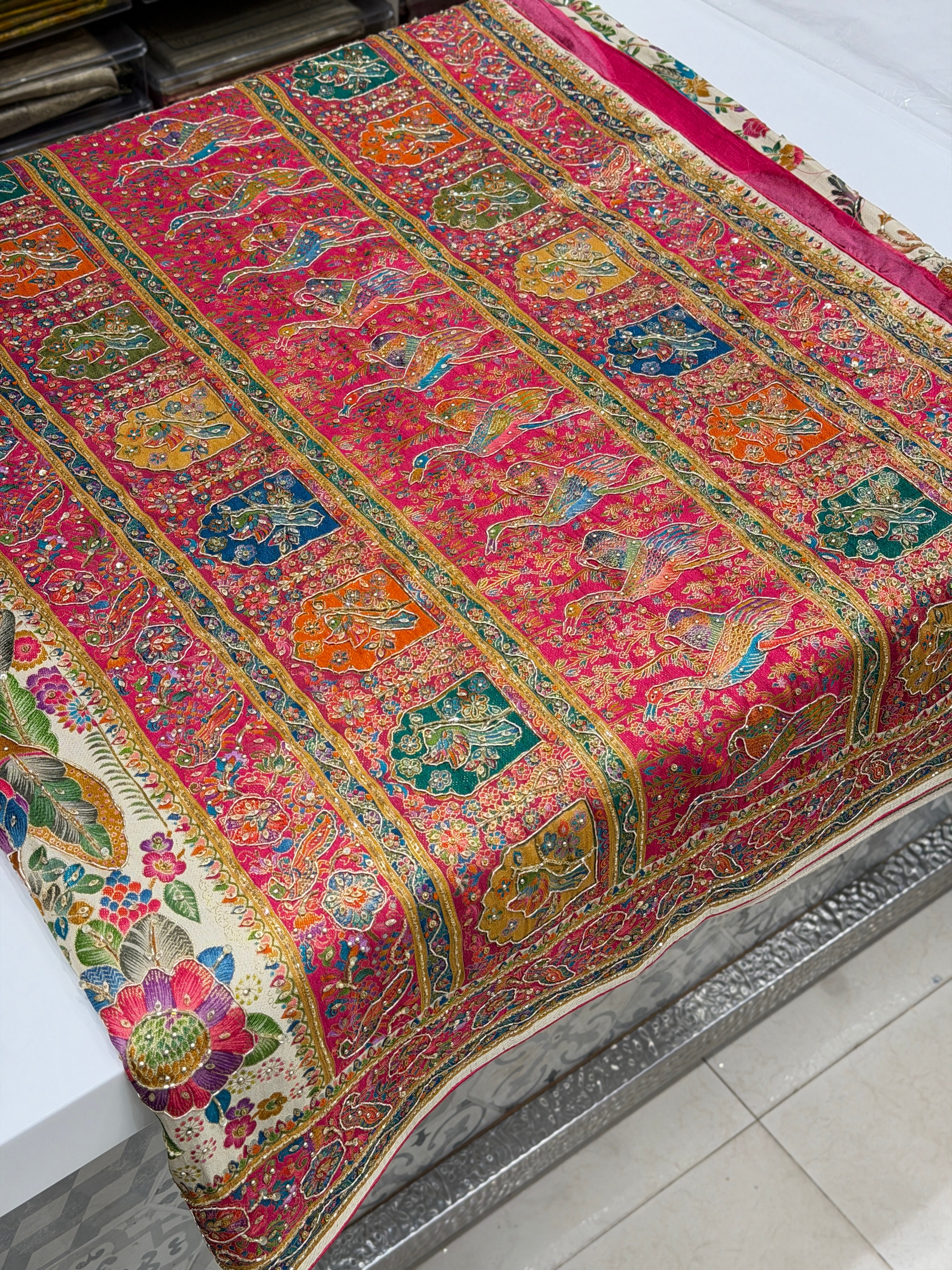 Beige Munga Forrest Essential Theme Pashmina Munga Hand Embroidery Saree