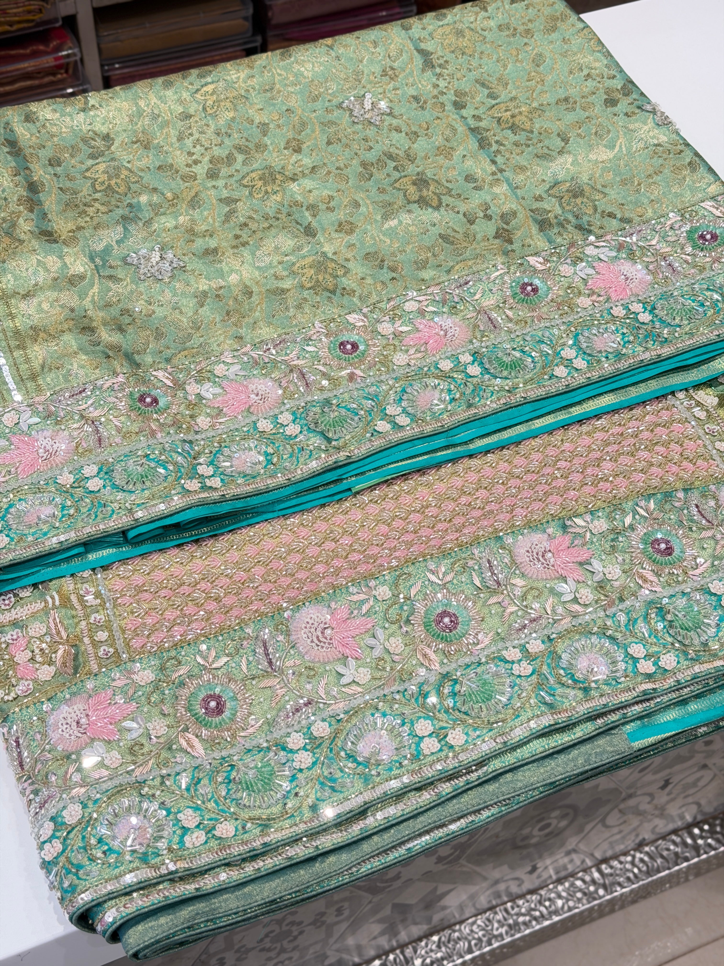 Green Floral Tissue Kanjivaram Hand Embroidery Saree