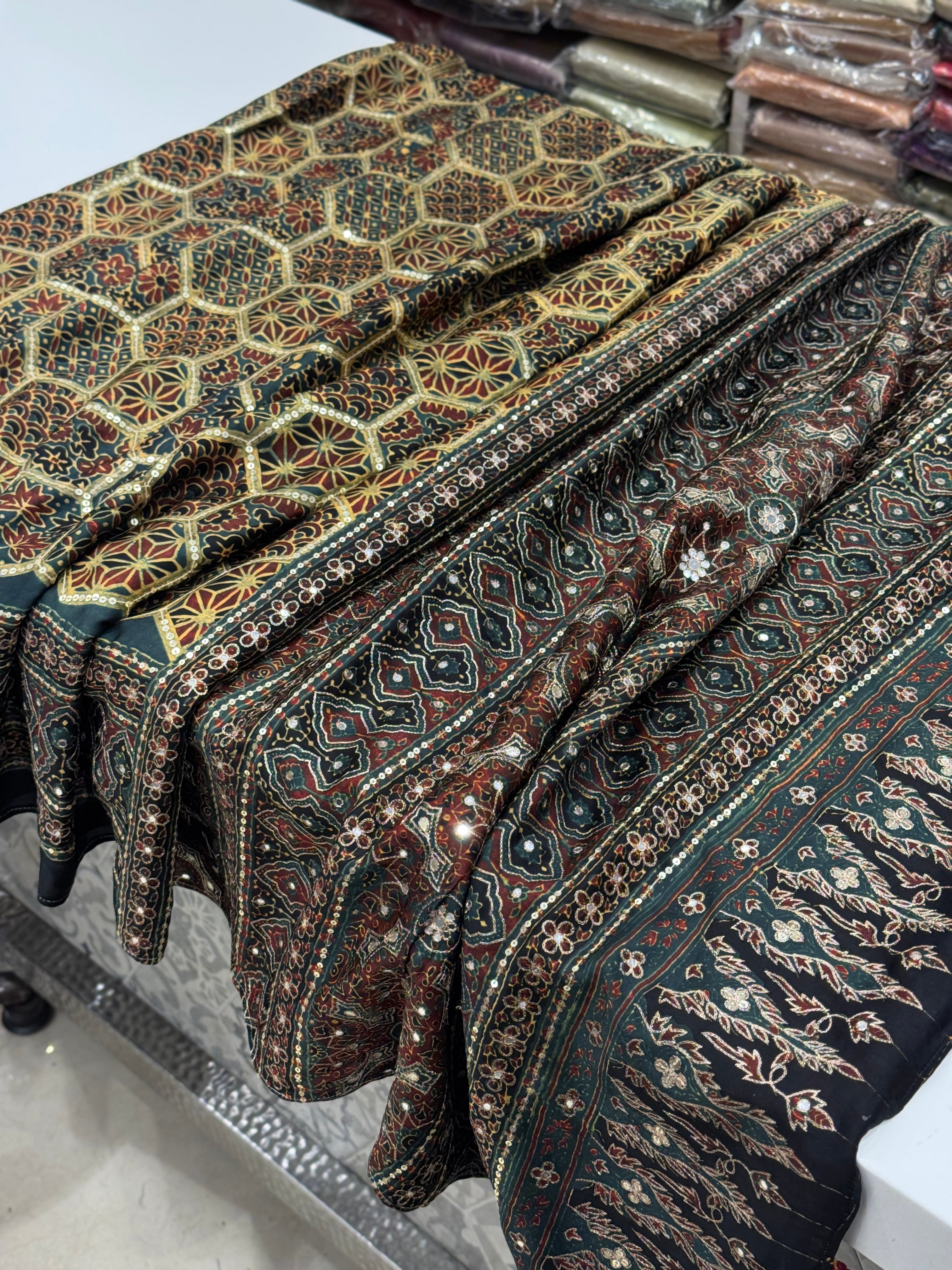 Mustard Rama Jaal Abstract Pita Sequin Ajrakh Hand Embroidery Saree