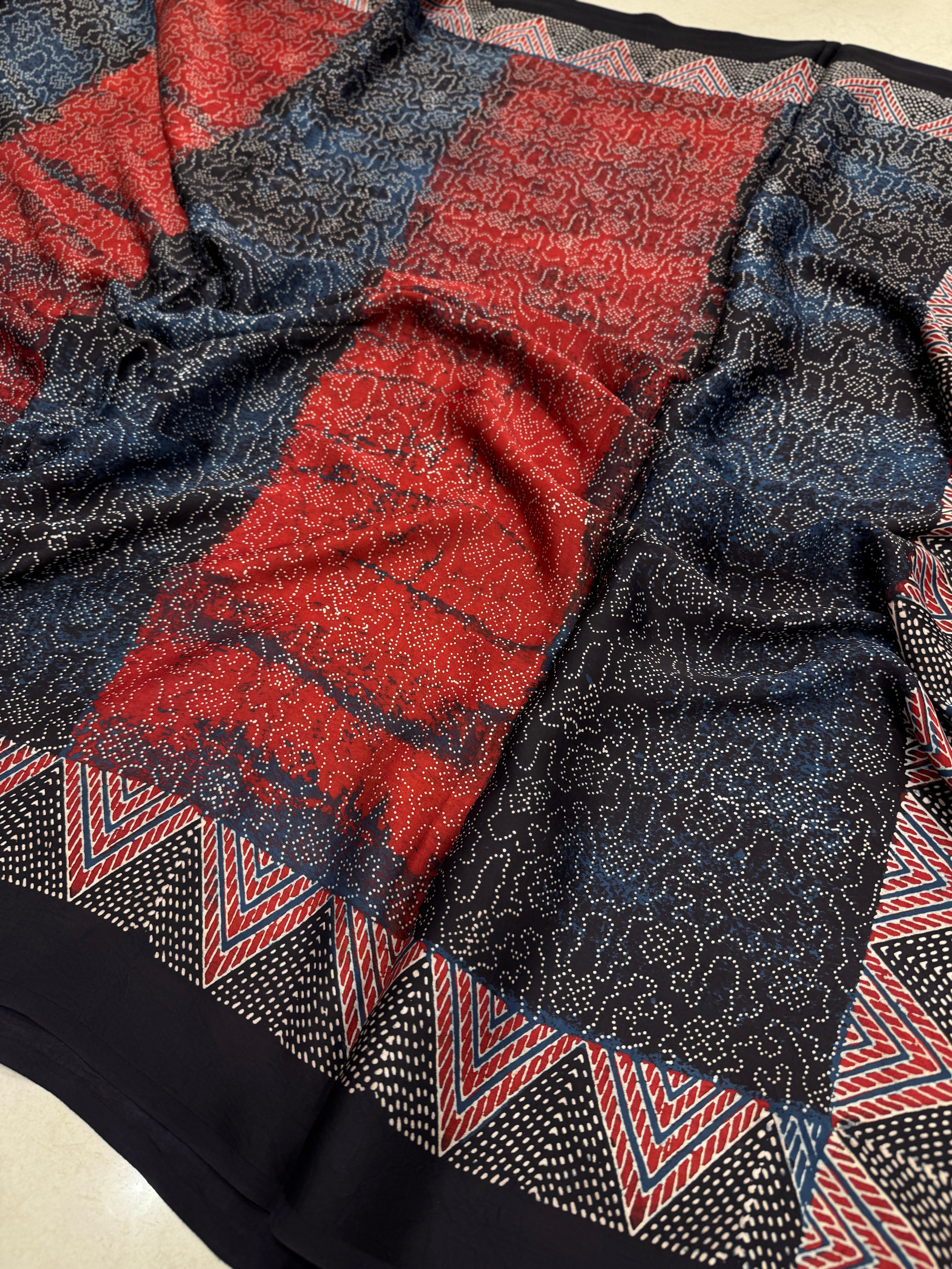 Red Contemporary Bandhej Style Hand Block Print Ajrkah Pure Gajji Silk Saree