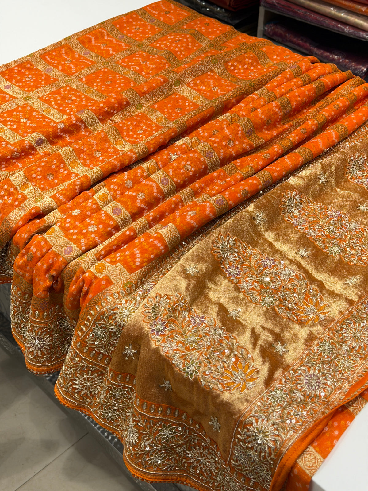 Orange Woven Bandhej Gharchola Hand Embroidery Zardosi Saree