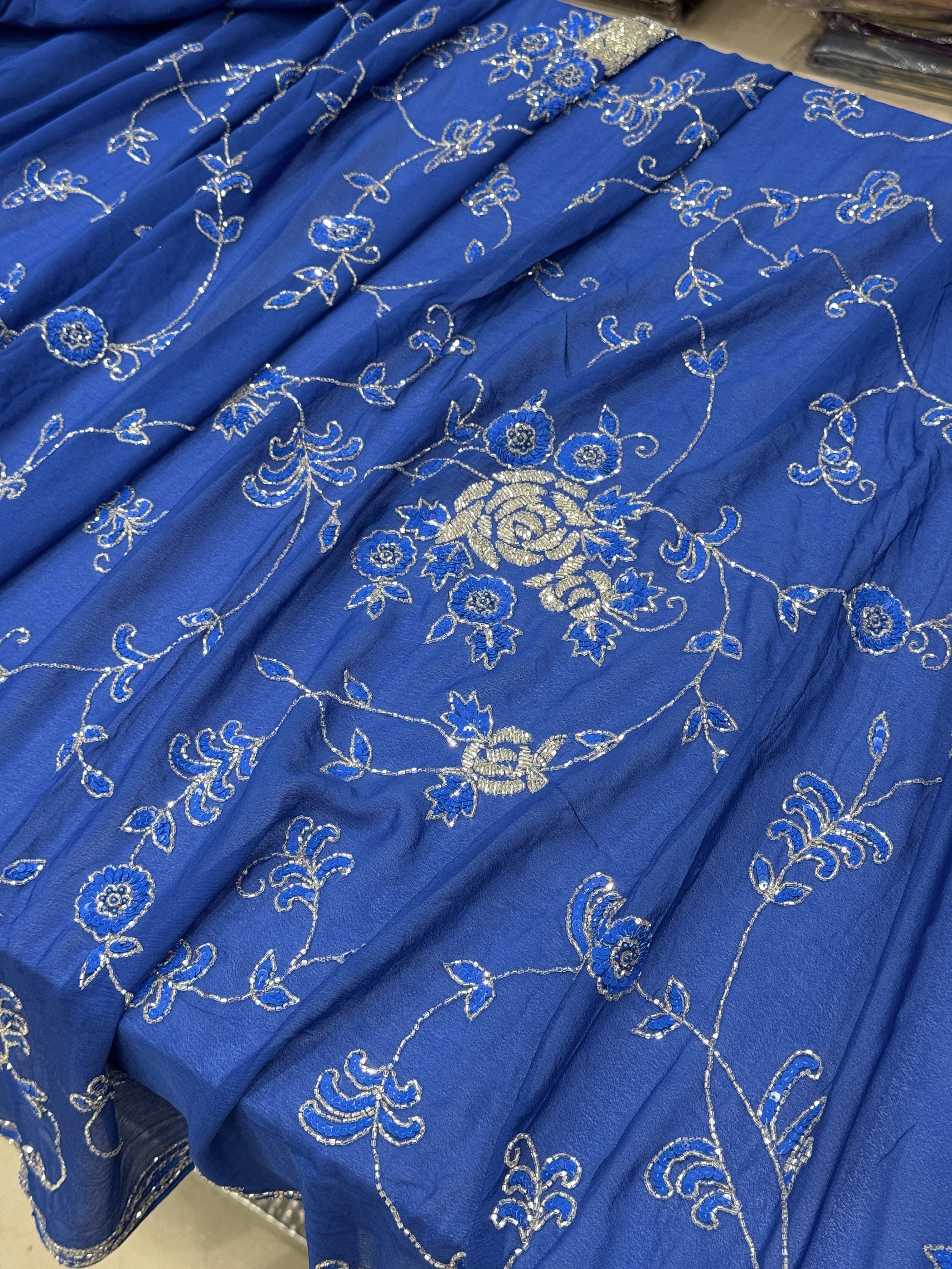 Blue on Blue Georgette Hand Embroidery Jaal Saree
