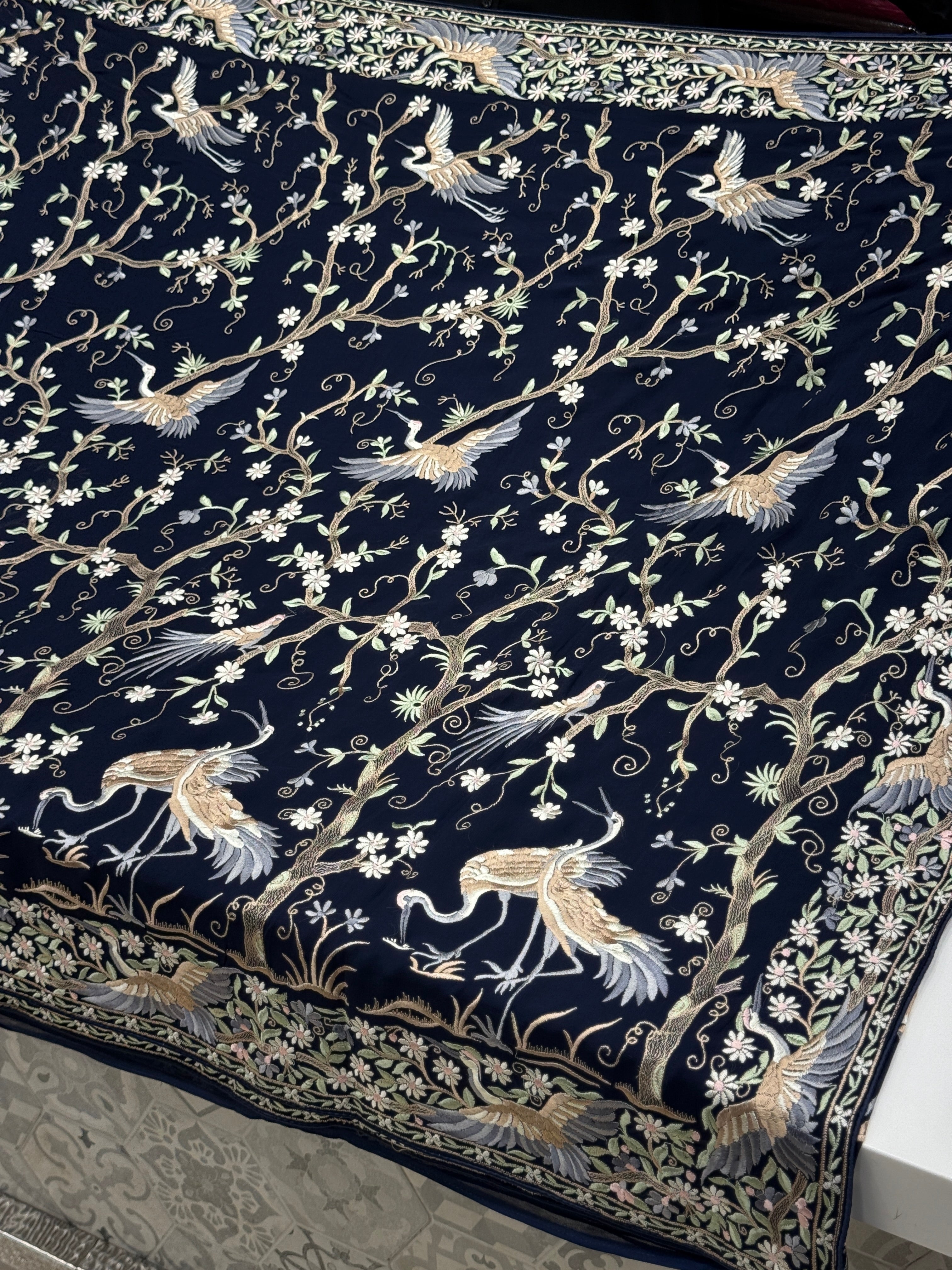 Blue Tree Of Life Flamingo Parsi Gara Saree