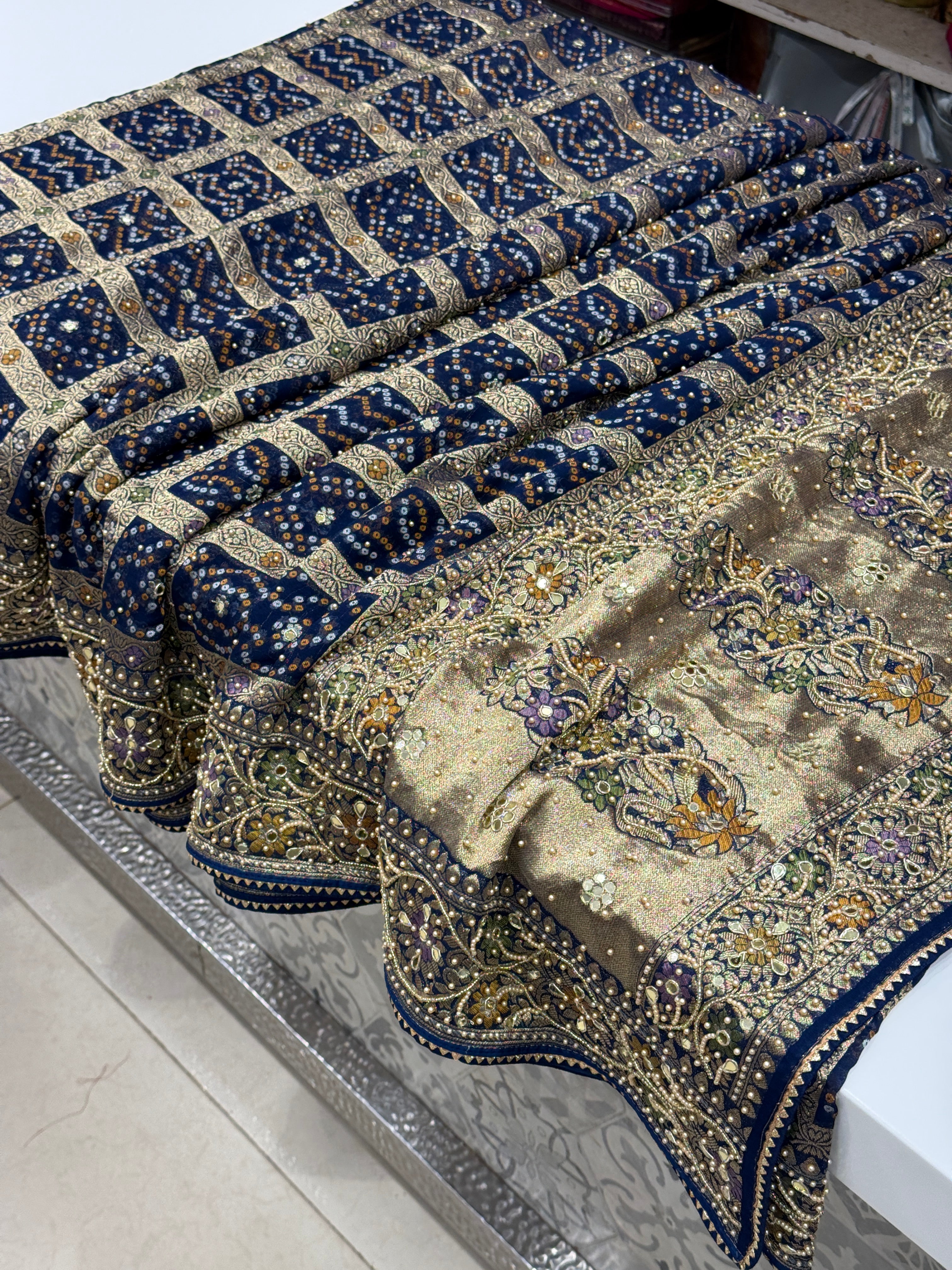 Blue Gharchola Meenakari Moti Hand Embroidery Saree