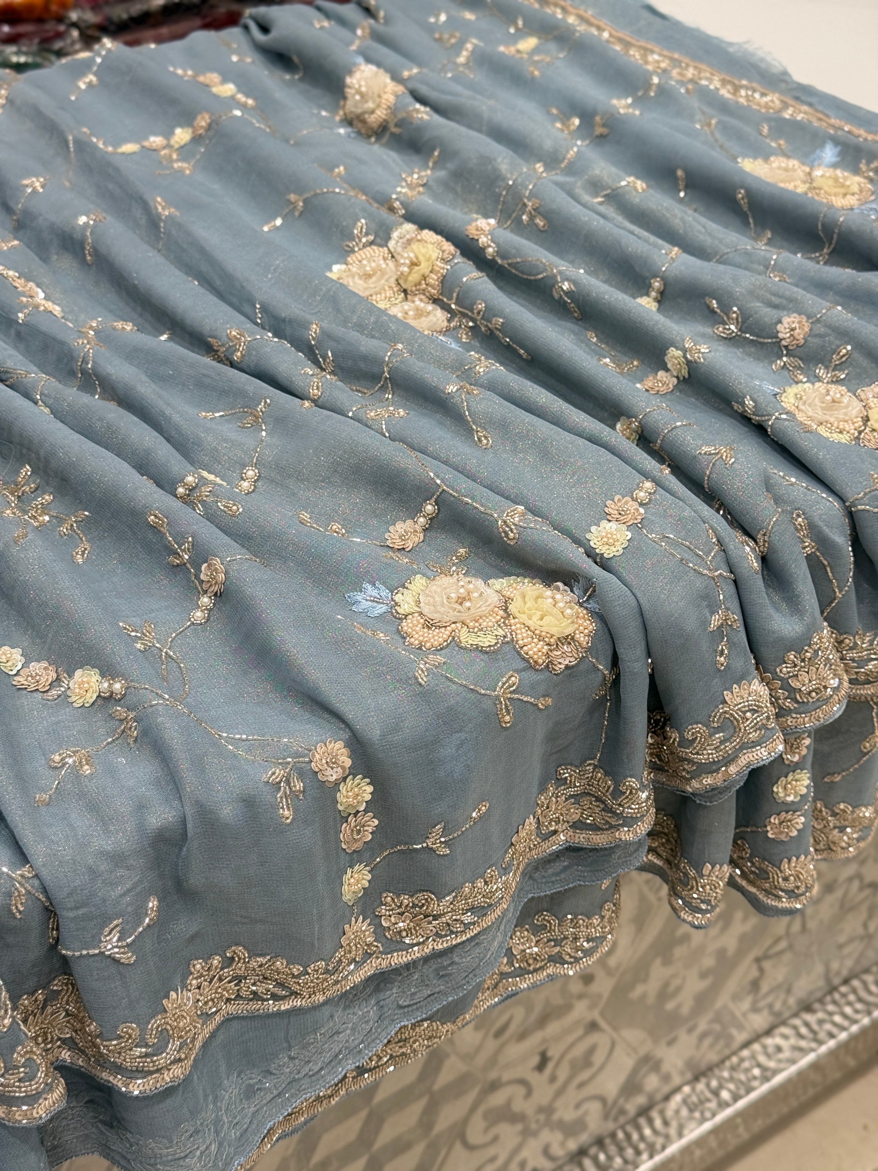 Powder Blue Tissue Chiffon Hand Embroidery Saree