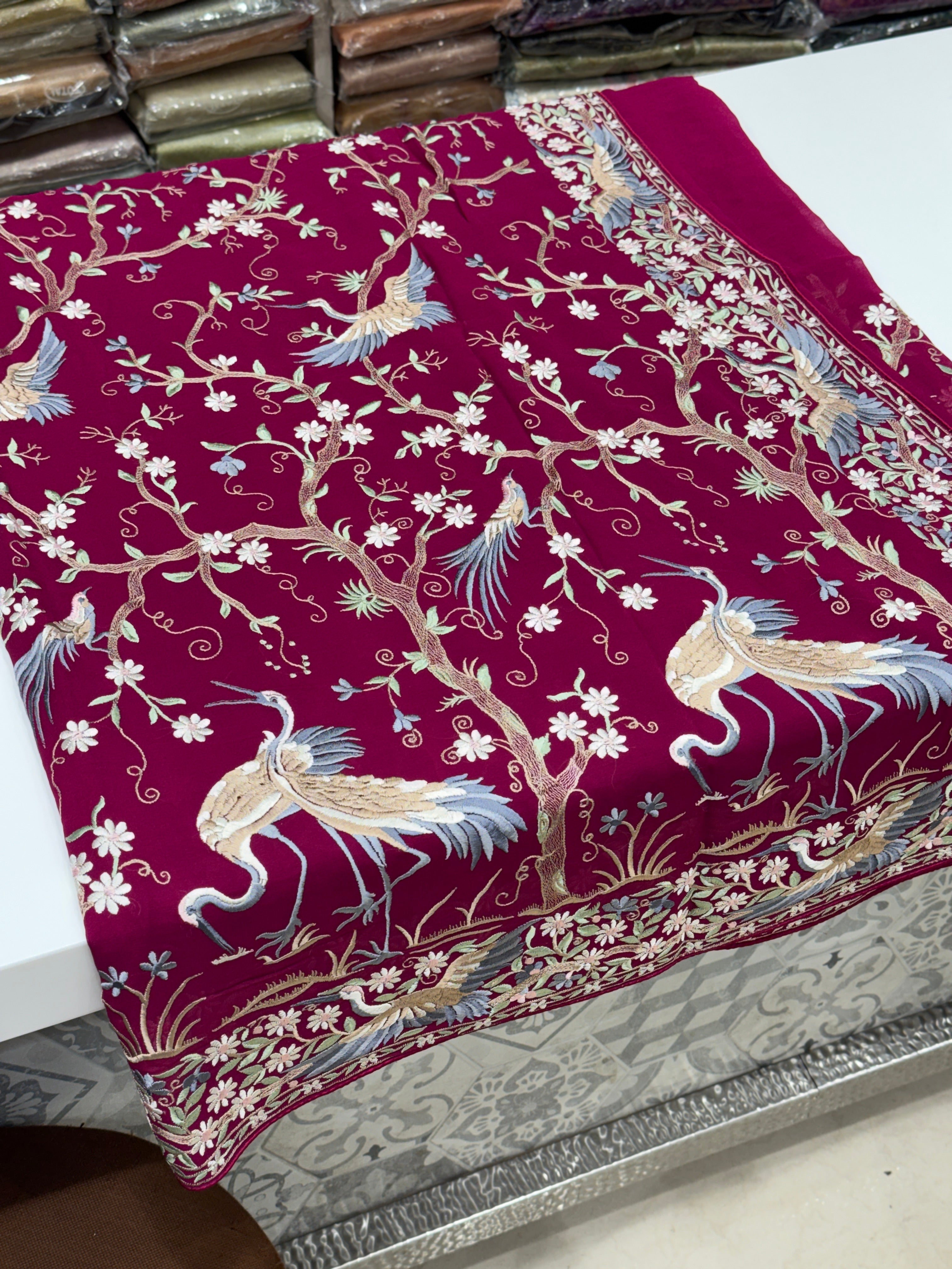 Cross Wine Tree Of Life Flamingo Parsi Gara Saree