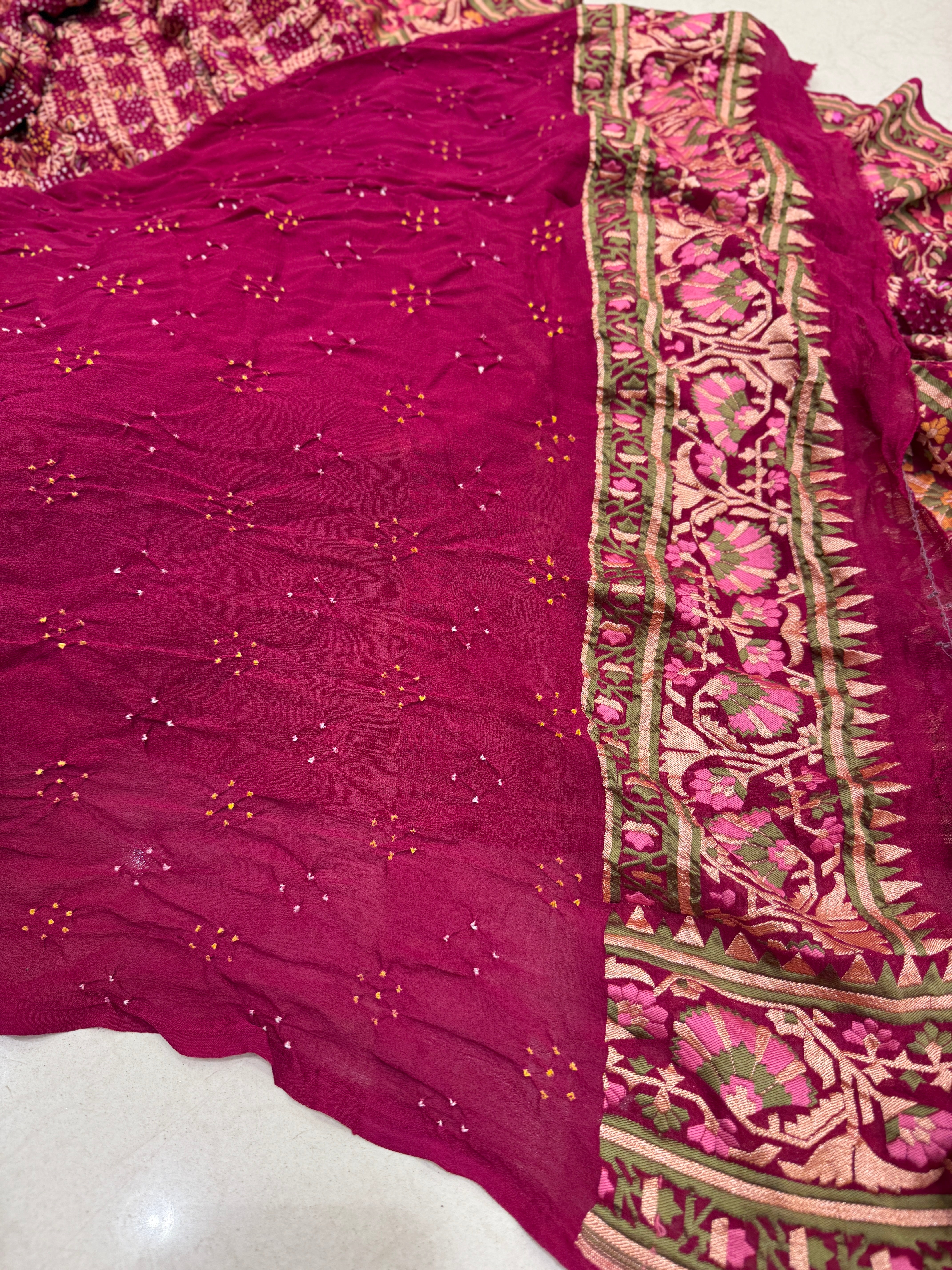 Wine Meenakari Rai Bandhej Floral Border Saree