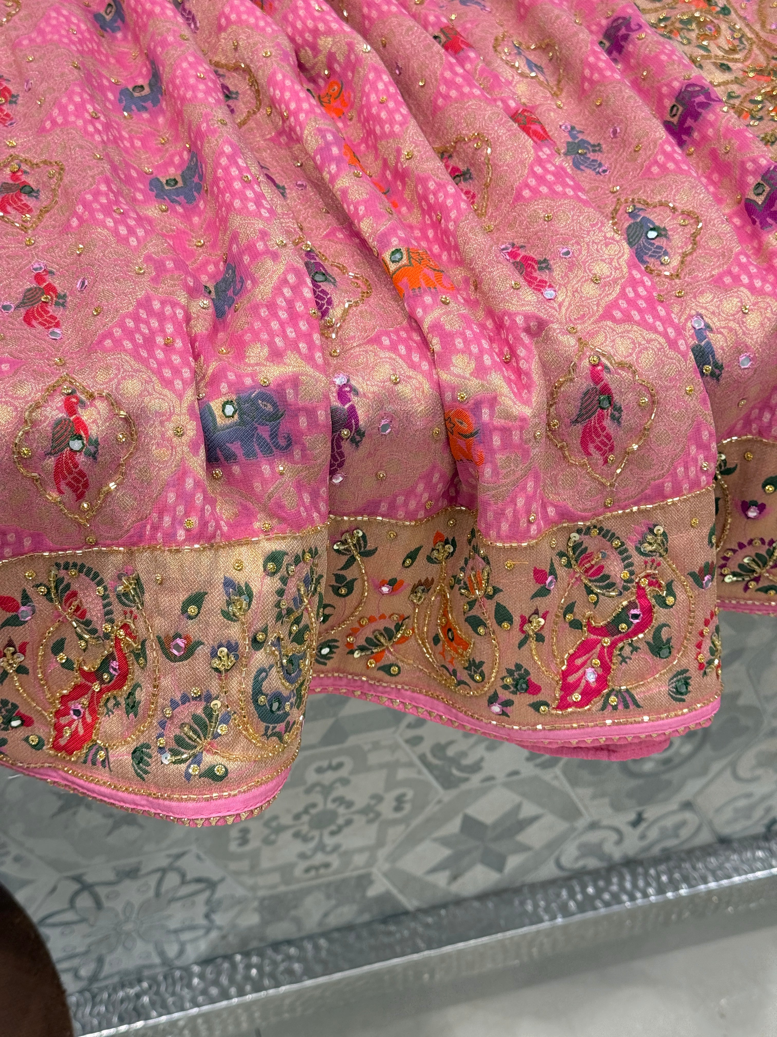 Pink Woven Bandhej Peacock Elephant Motifs Gharchol Embroidery Saree