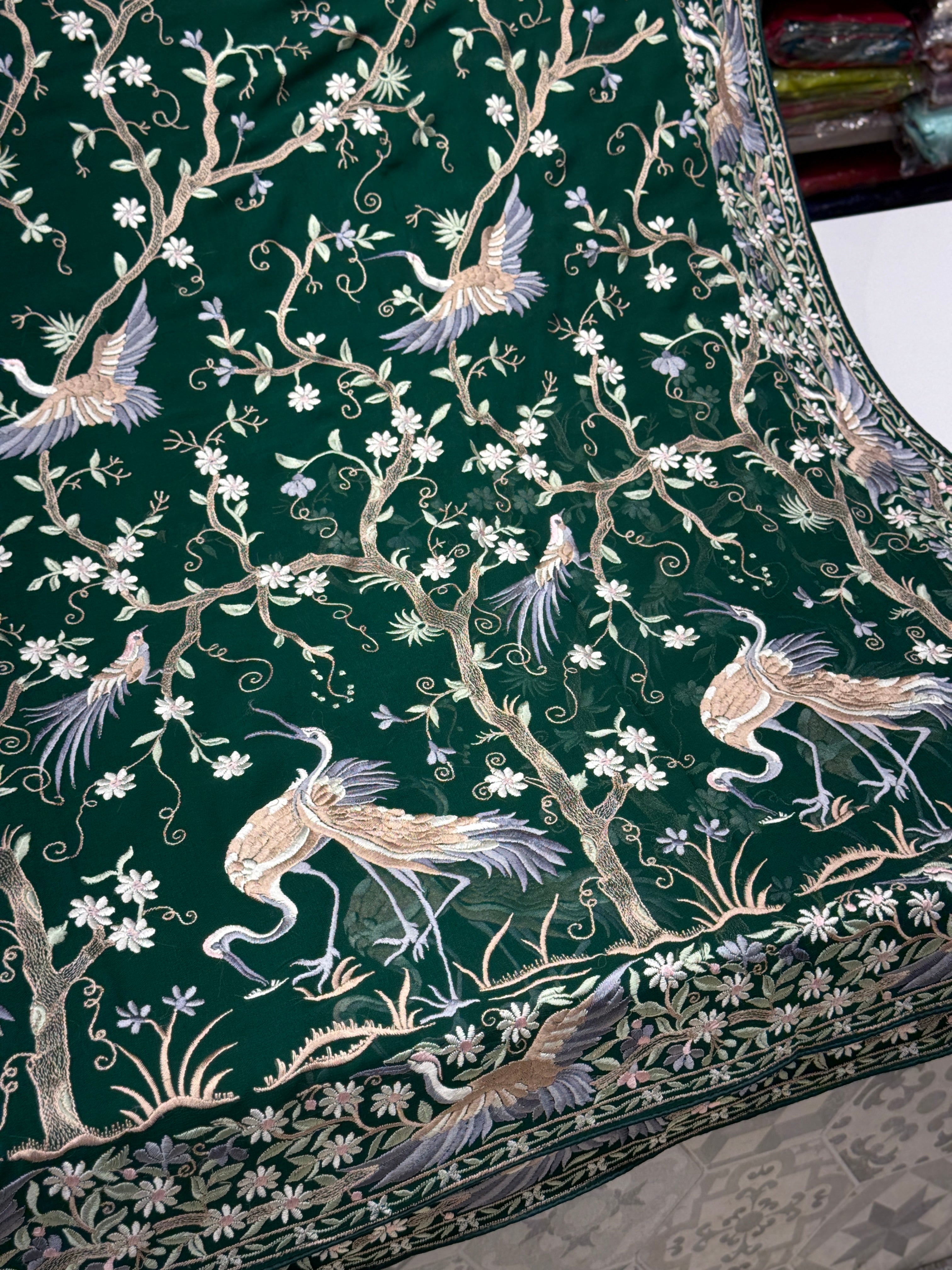 Bottle Green Tree Of Life Flamingo Parsi Gara Saree
