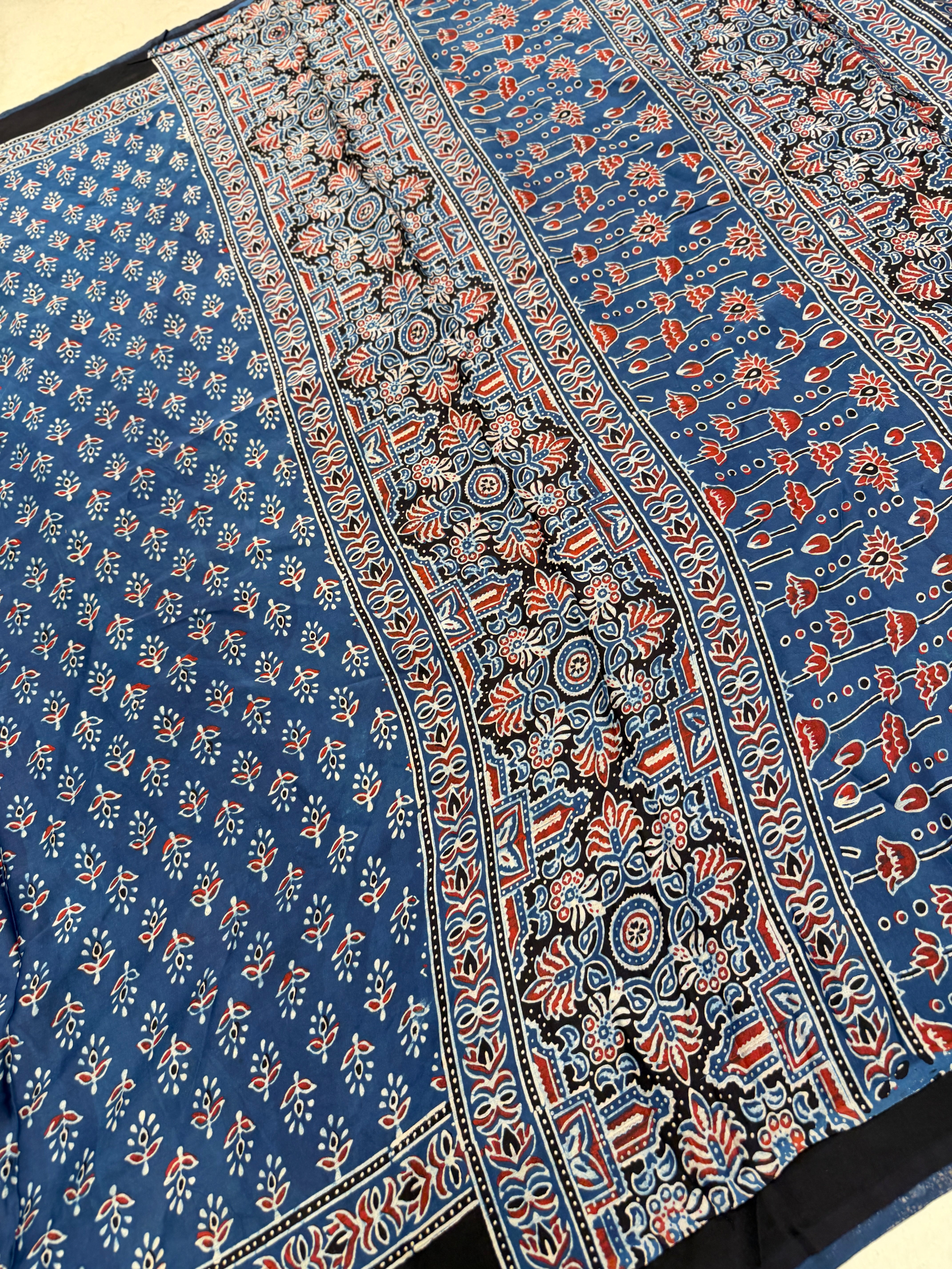 Blue Diya Buttis Ajrakh Hand Block Print Pure Gajji Silk Saree