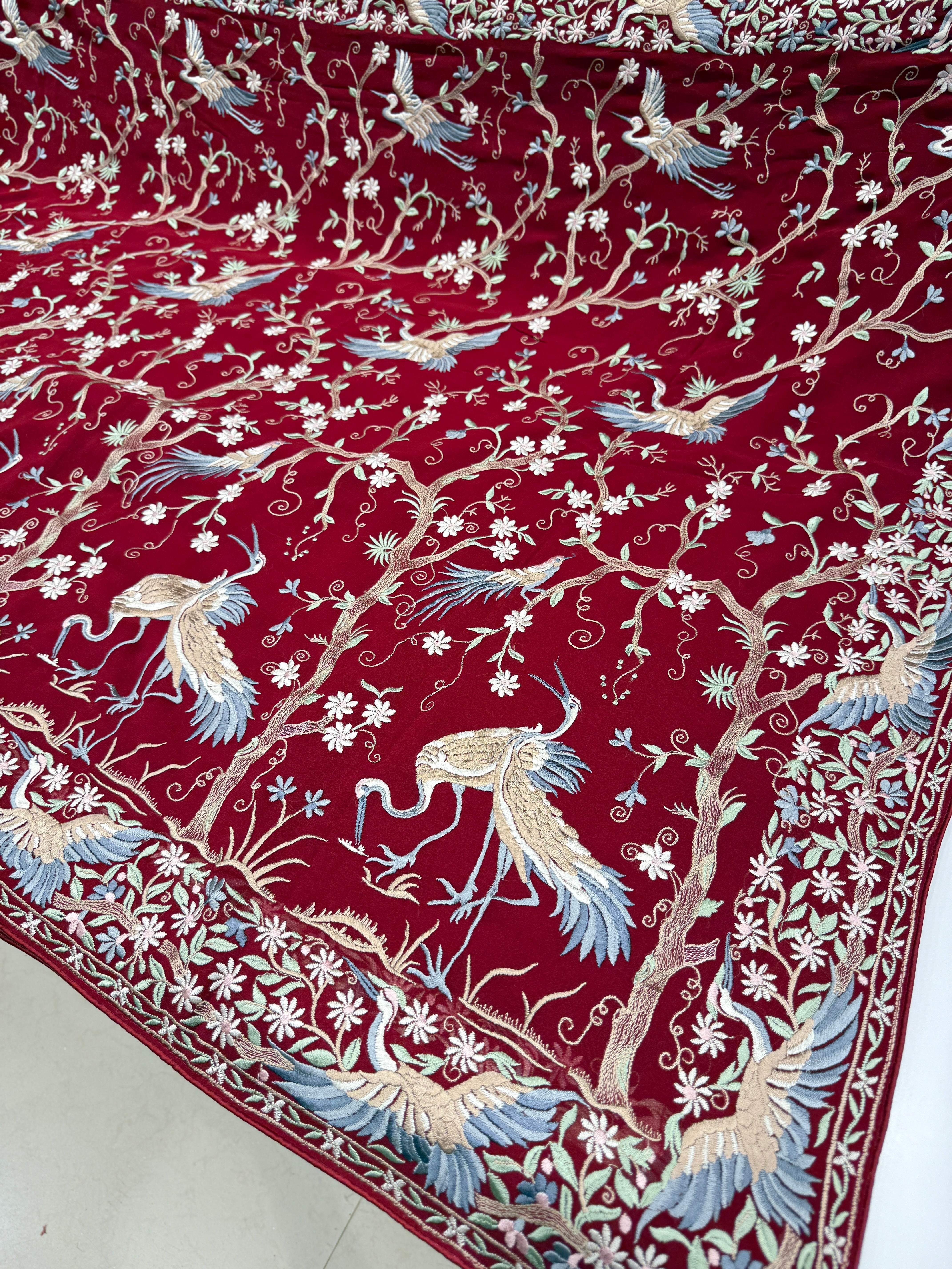 Red Tree Of Life Flamingo Parsi Gara Saree