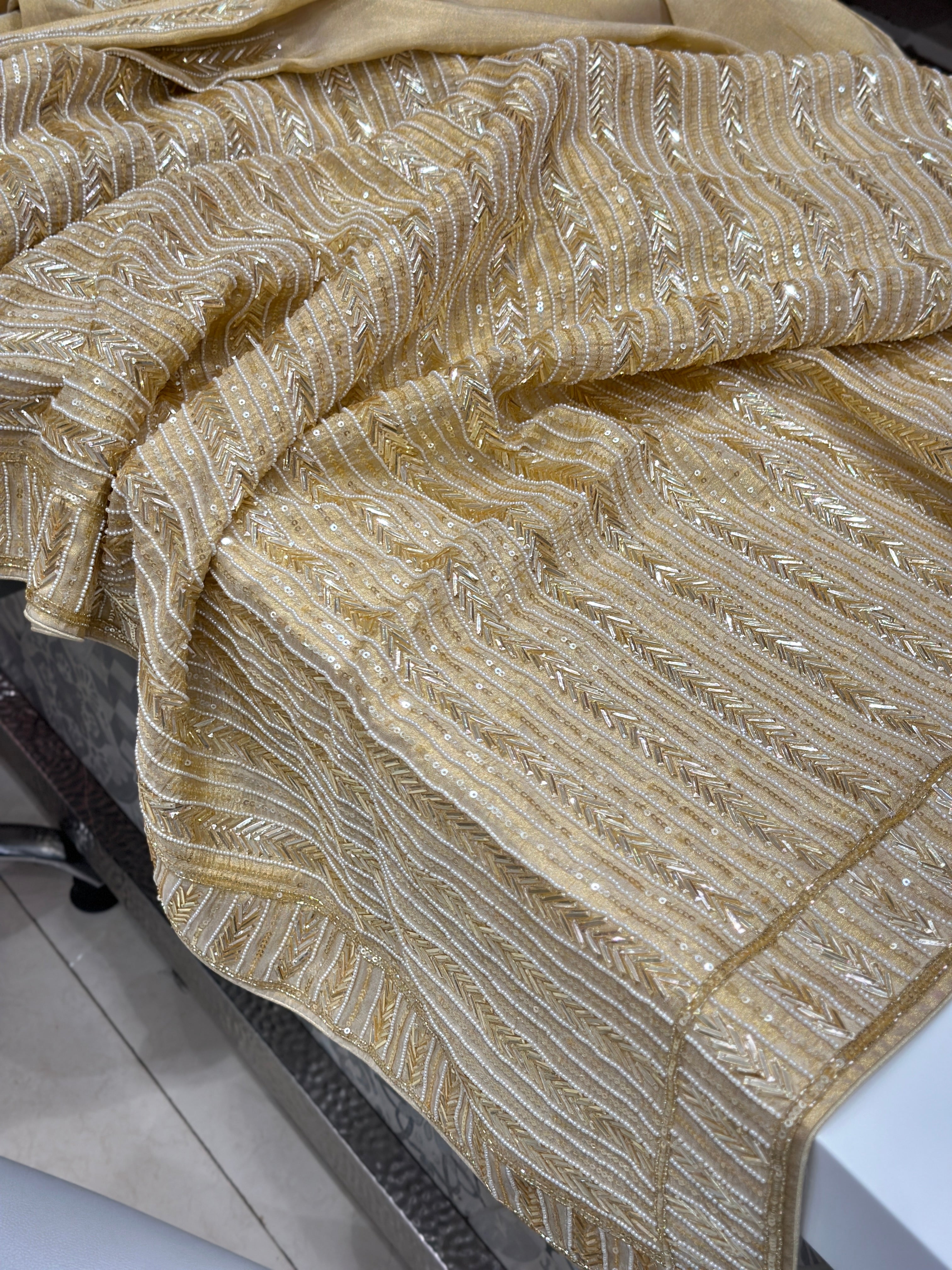 Golden Suhana Khan Inspired Crepe Tissue Hand Embroidery Sequin Saree