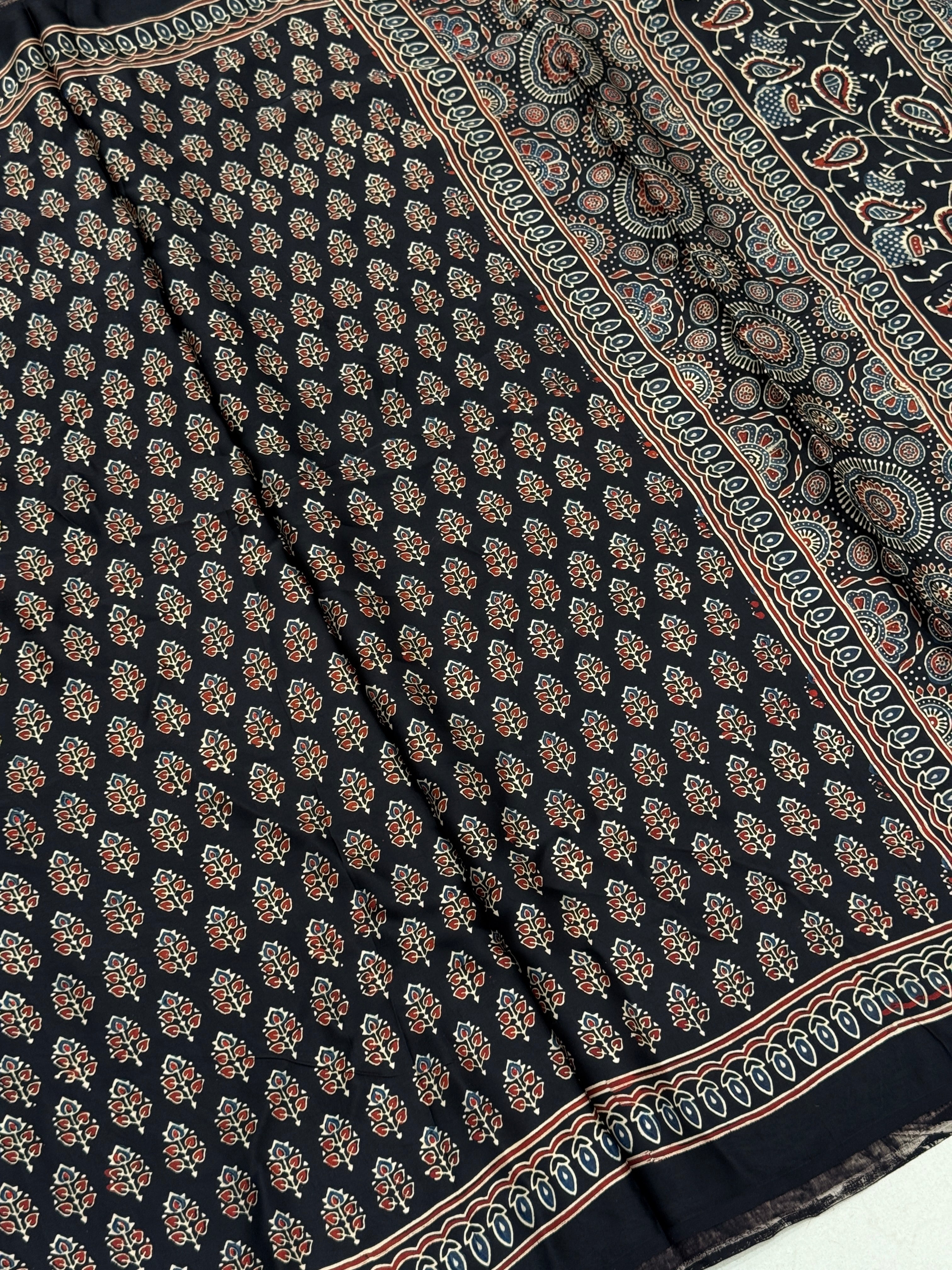 Black Keri Buttis Ajrakh Block Print Hand Pure Gajji Silk Saree