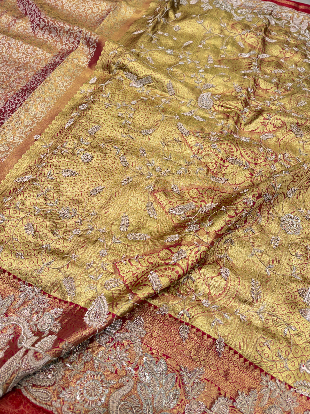 Red Tissue Kanjivaram Zardosi Doli Hand Embroidery Saree