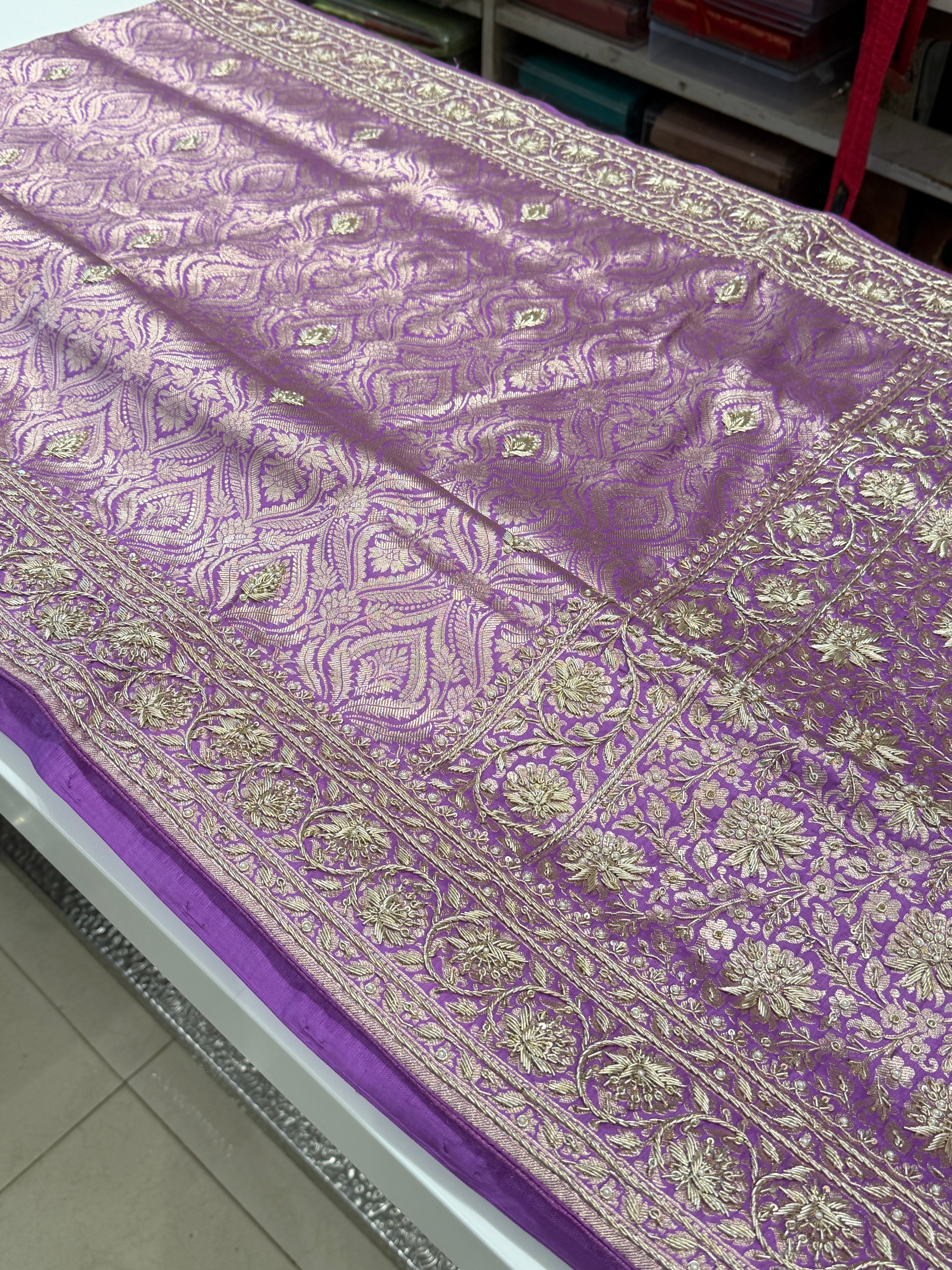 Lilac Brocade Handloom Banarasi Pure Katan Zardosi Embroidery Saree