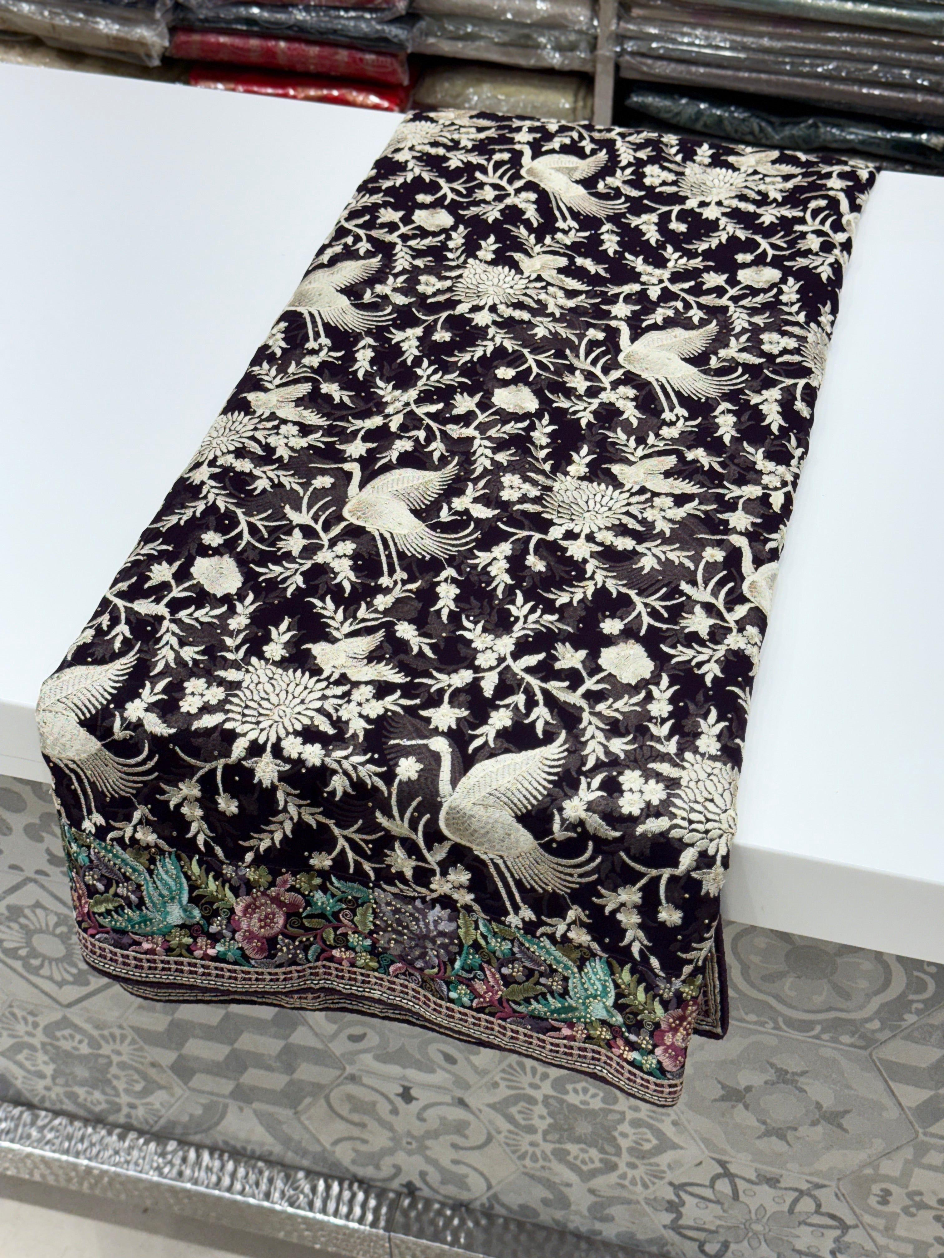 Black Parsi Gara Saree with Stone Work Resham Embroidery