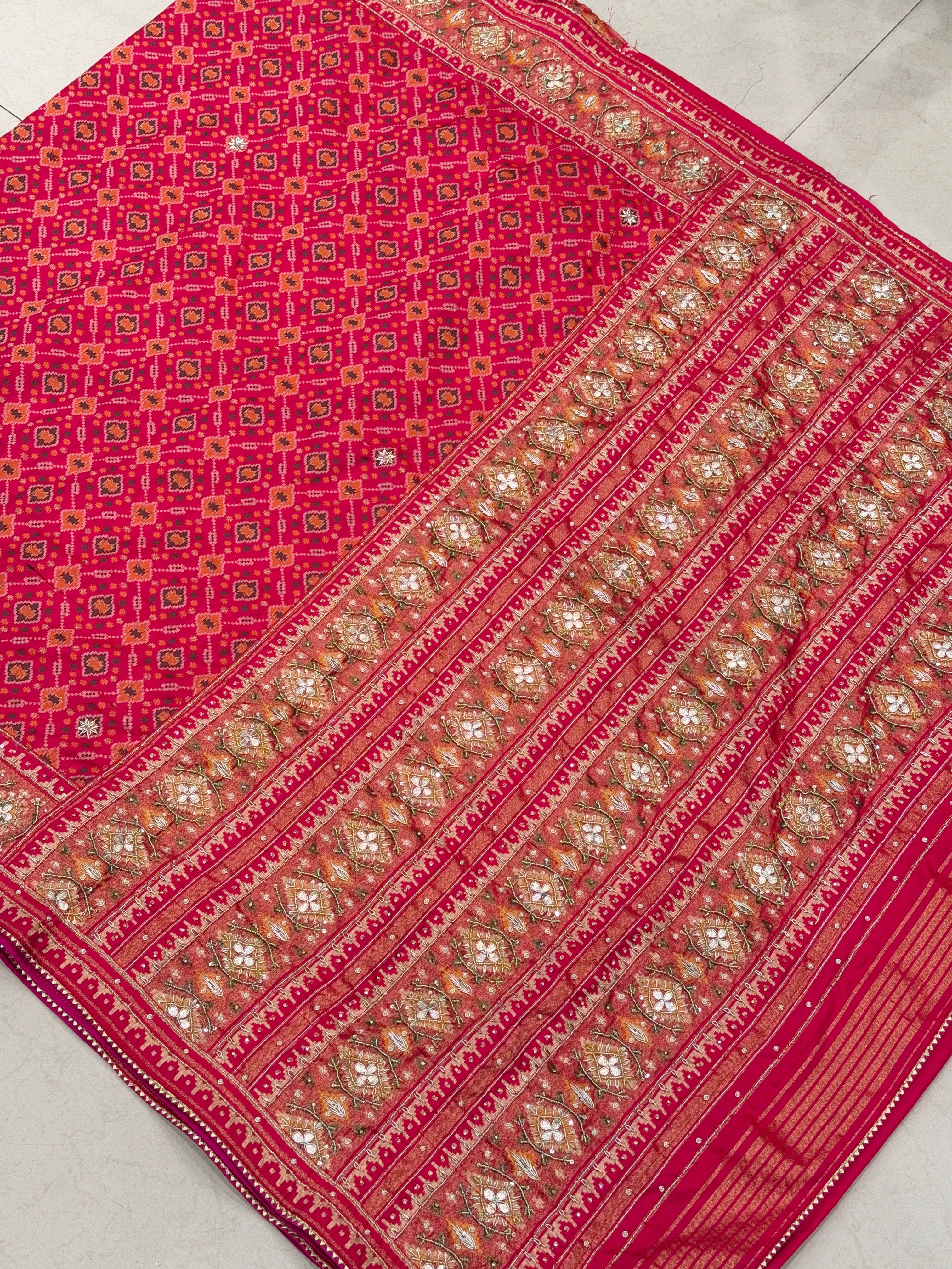 Rani Patola Cross Jaal Hand Embroidery Saree