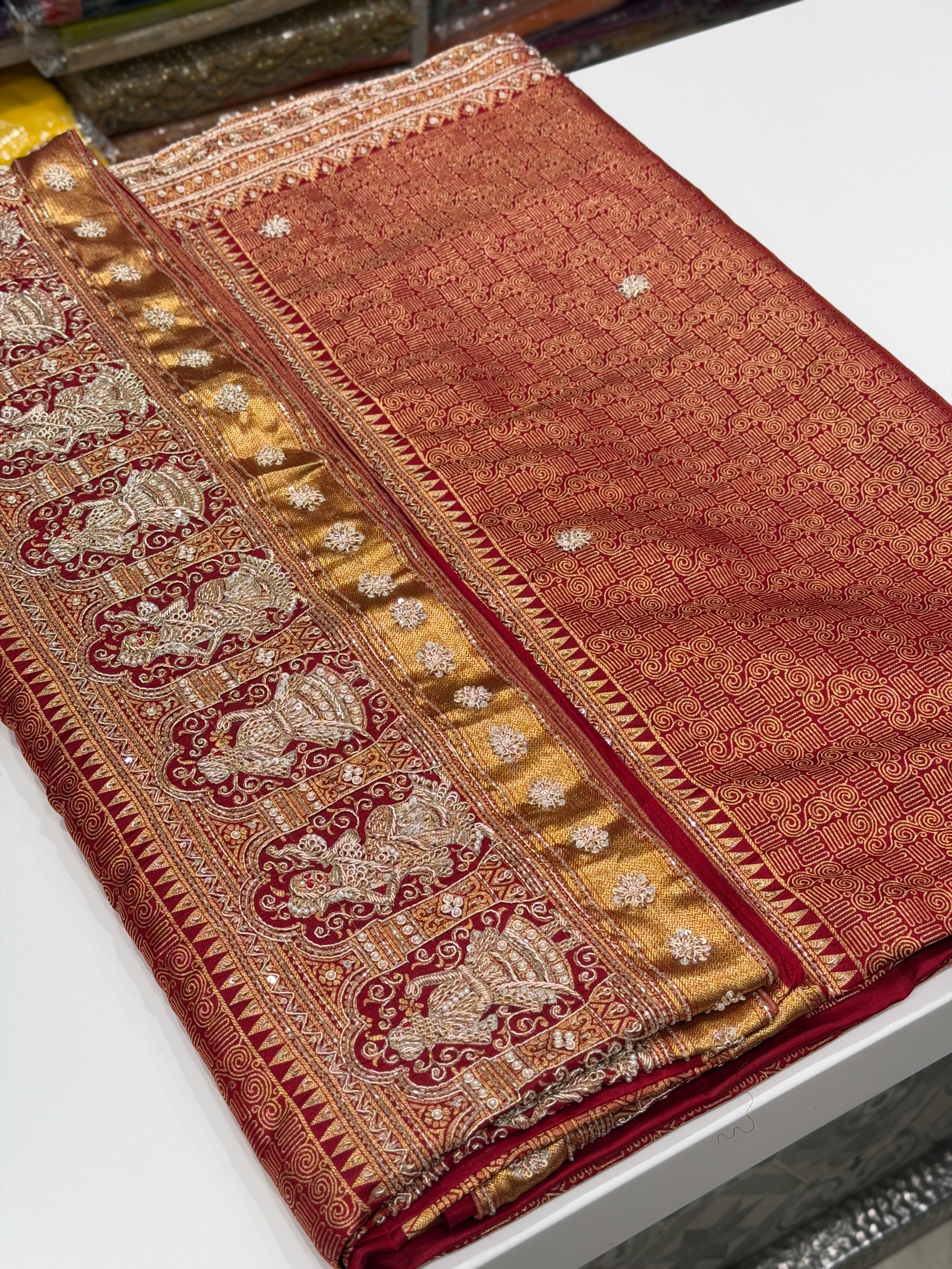 Maroonish Red Kanjivaram Zardosi Hand Embroidery Baluchari Style Saree