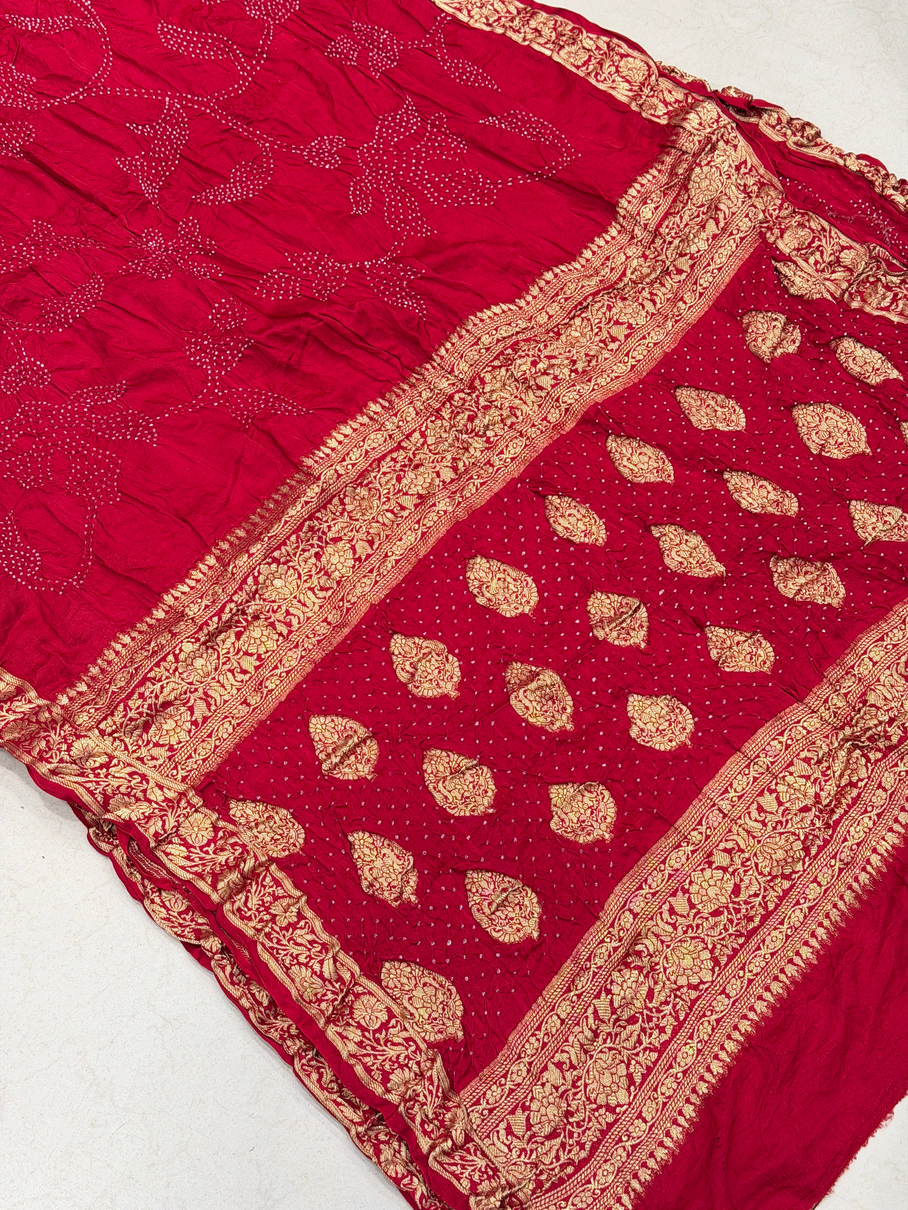 Red Ambadal Pure Gajji Silk Rai Bandhej Hand Made Saree