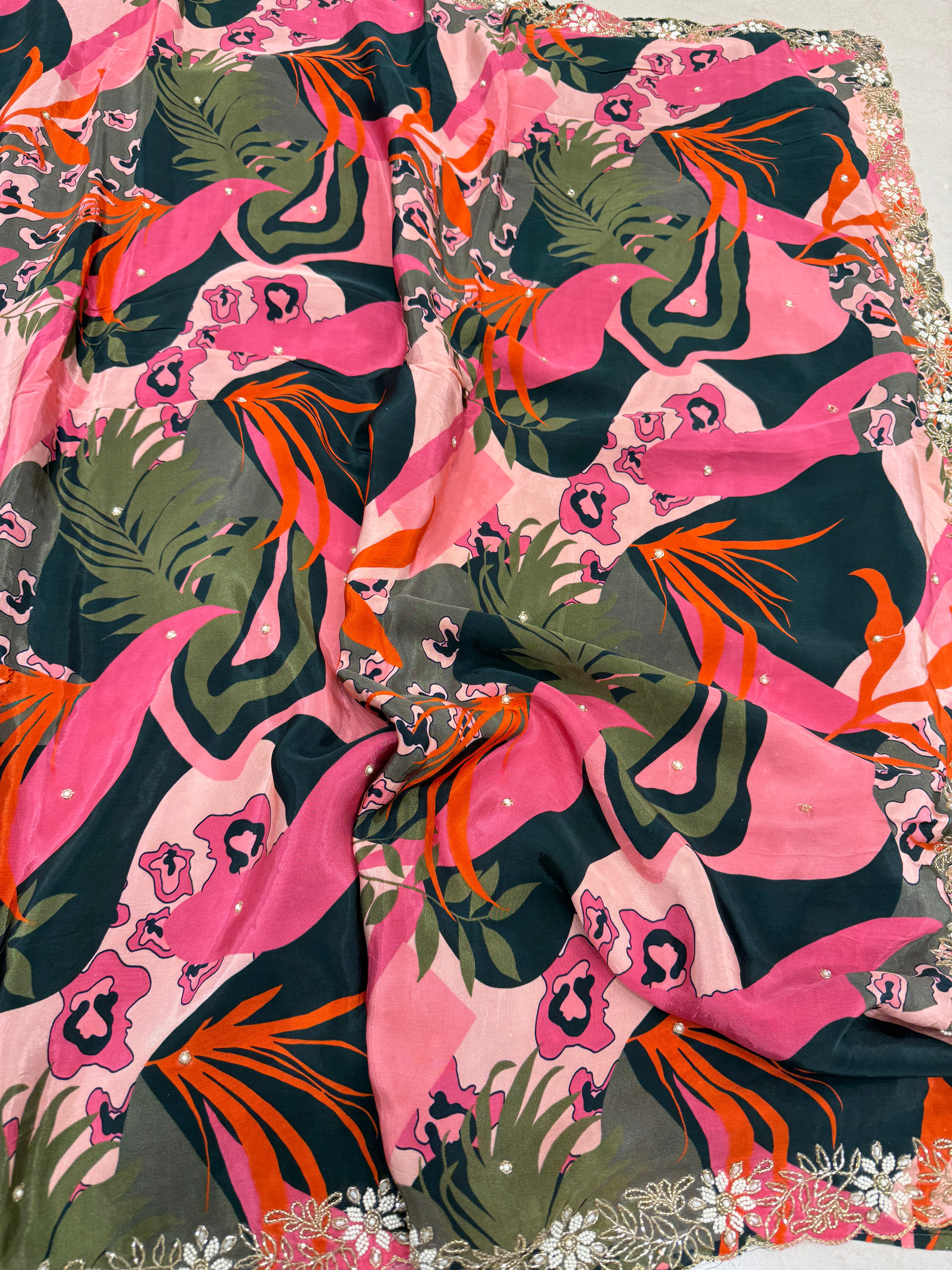 Bottle Green Floral Muslin Print Hand Embroidery Saree