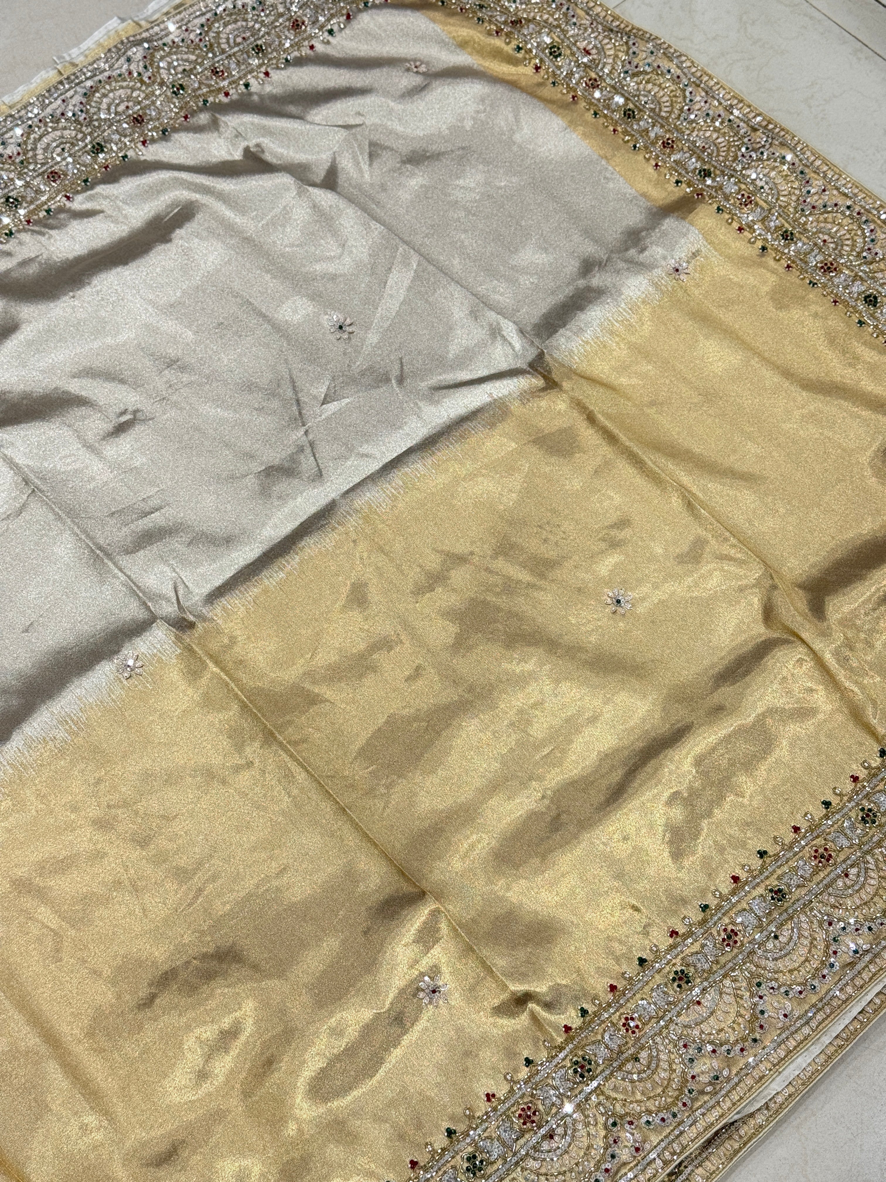 Silver Golden Alia Bhatt Inspired Tissue Embroidery Saree