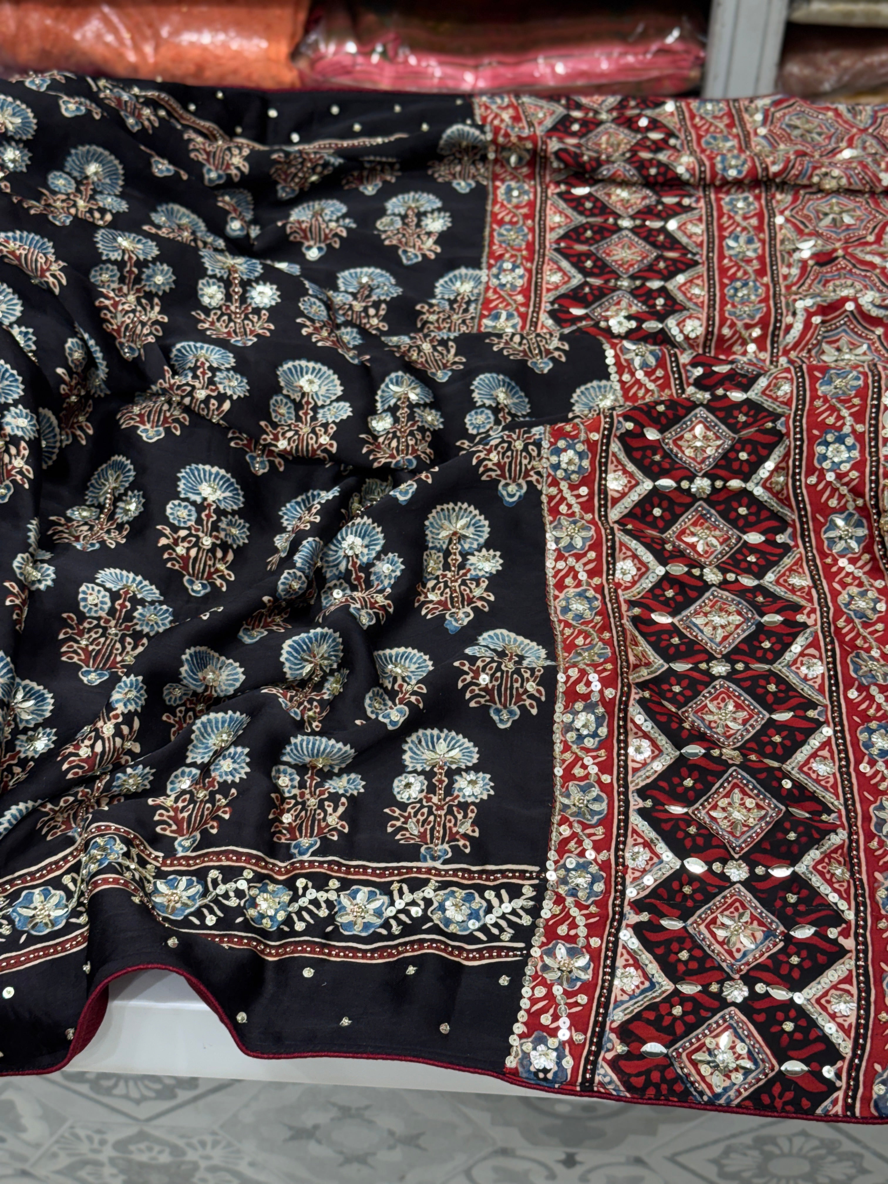 Black Red Ajrakh Buttas Sequins Hand Embroidery Saree