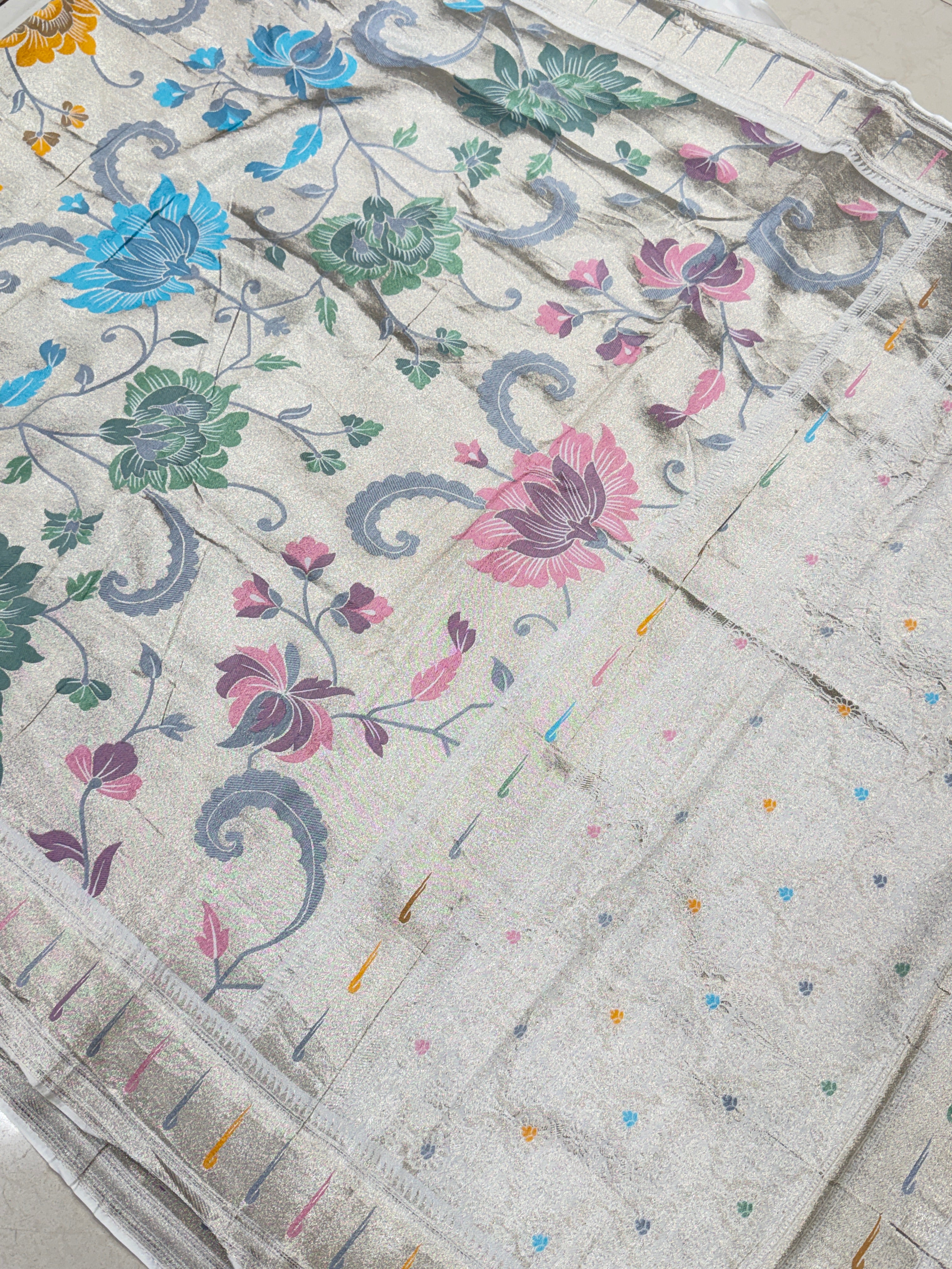 Silver Meenakari Muniya Tissue Munga Banarasi Paithani Saree