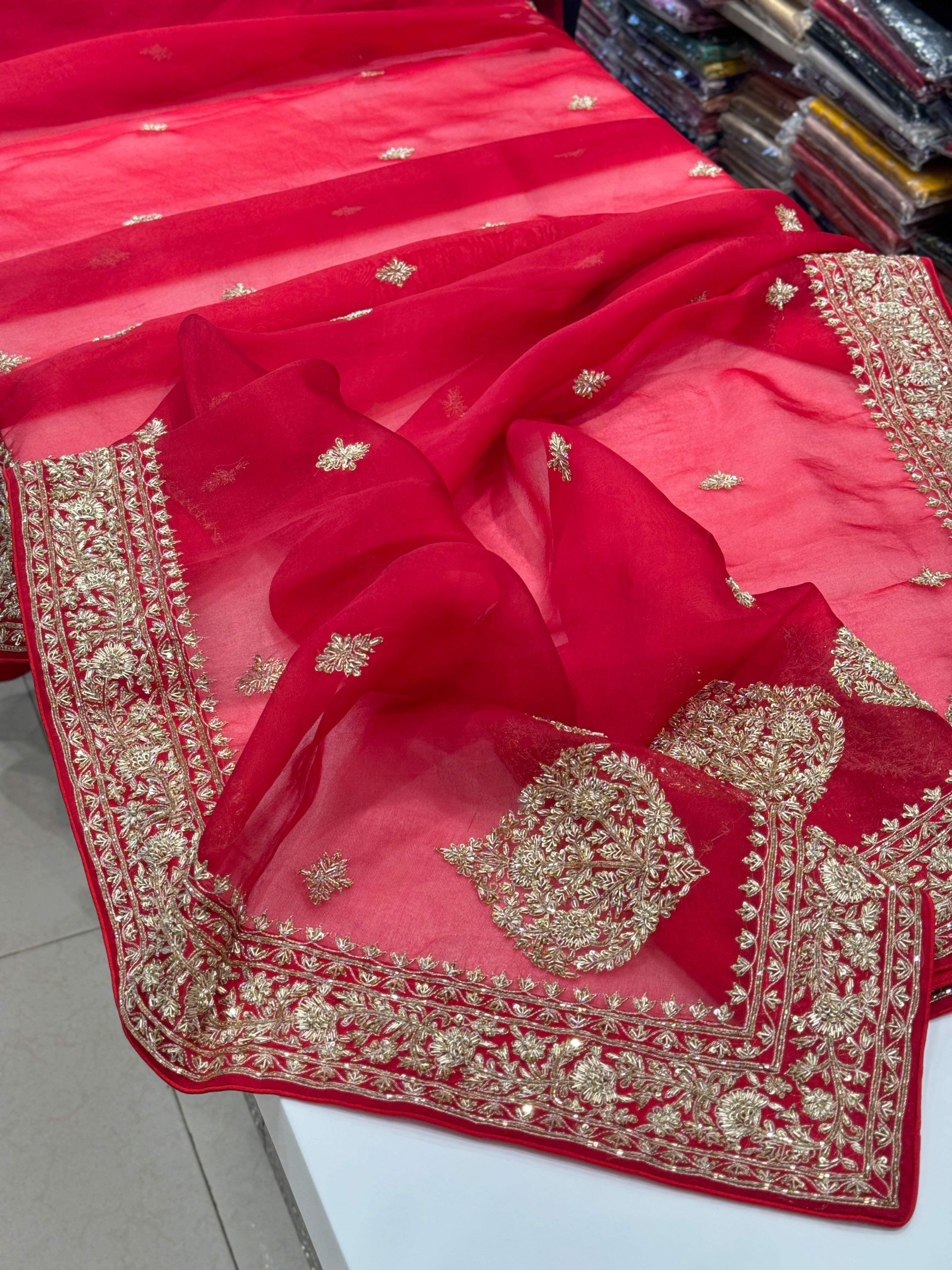 Red Pure Organza Zardosi Embroidery Saree