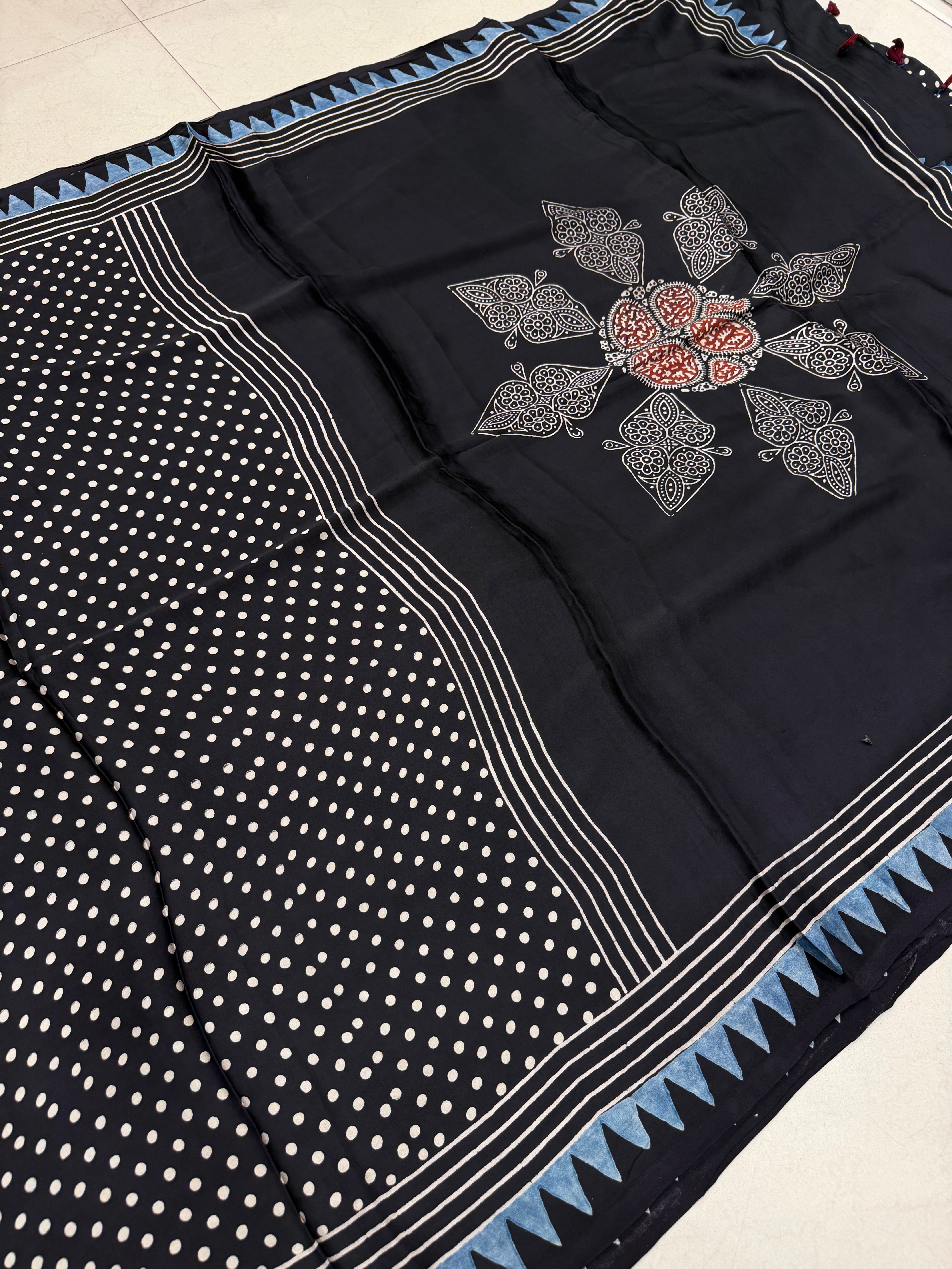 Black Polka Dots Ajrakh Hand Block Print Pure Gajji Silk Saree