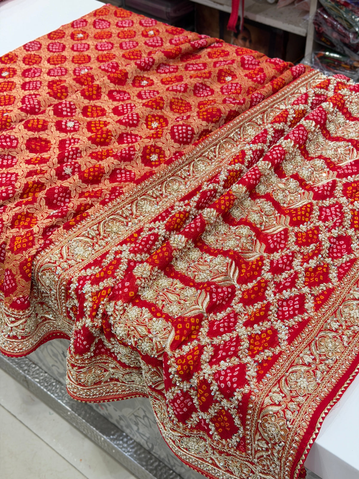 Red Rai Bandhej Georgette Saree Zardosi Hand Embroidery Saree