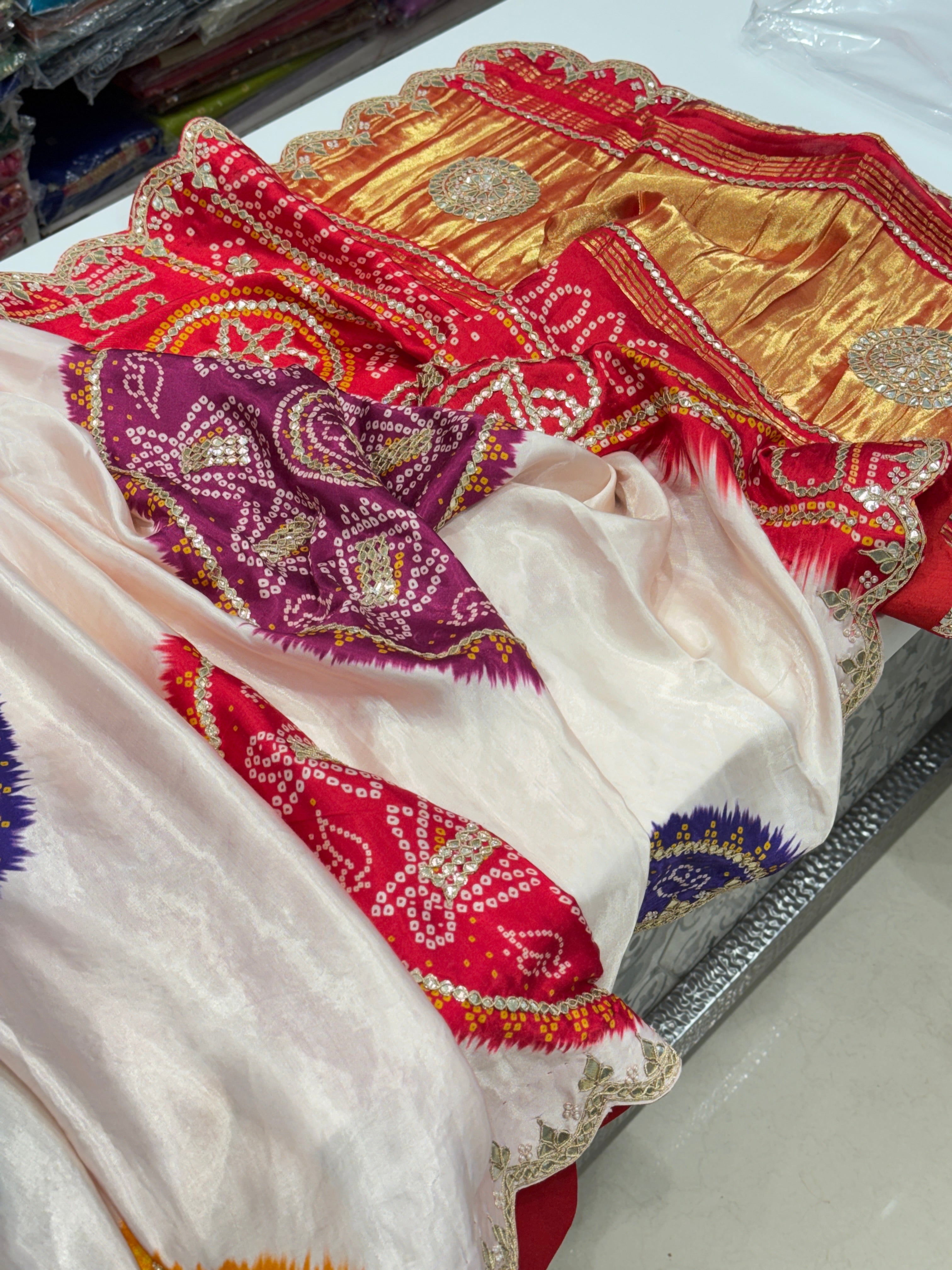 Moti White Gajji Silk Bandhej Print Hand Done Gotapatti Saree