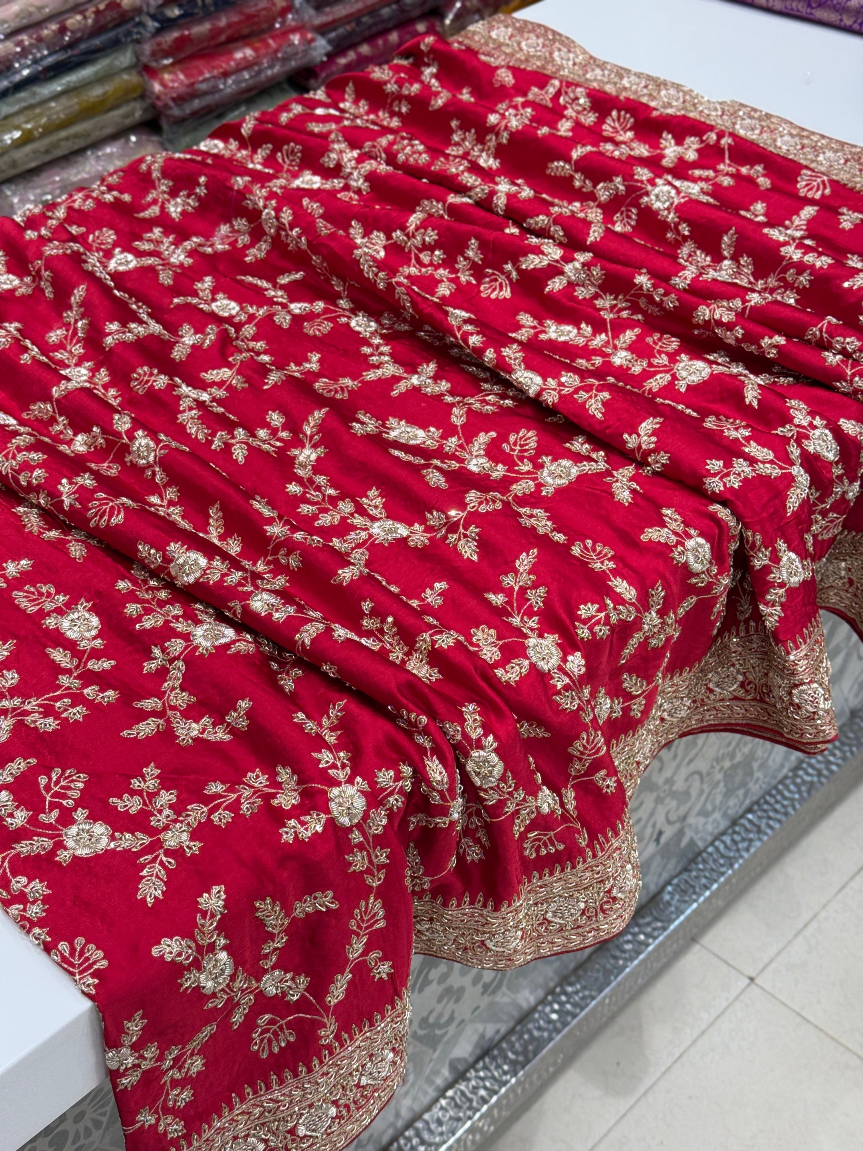 Red Hand Embroidery Mughal Jaal Pure Satin Zardosi Embroidery