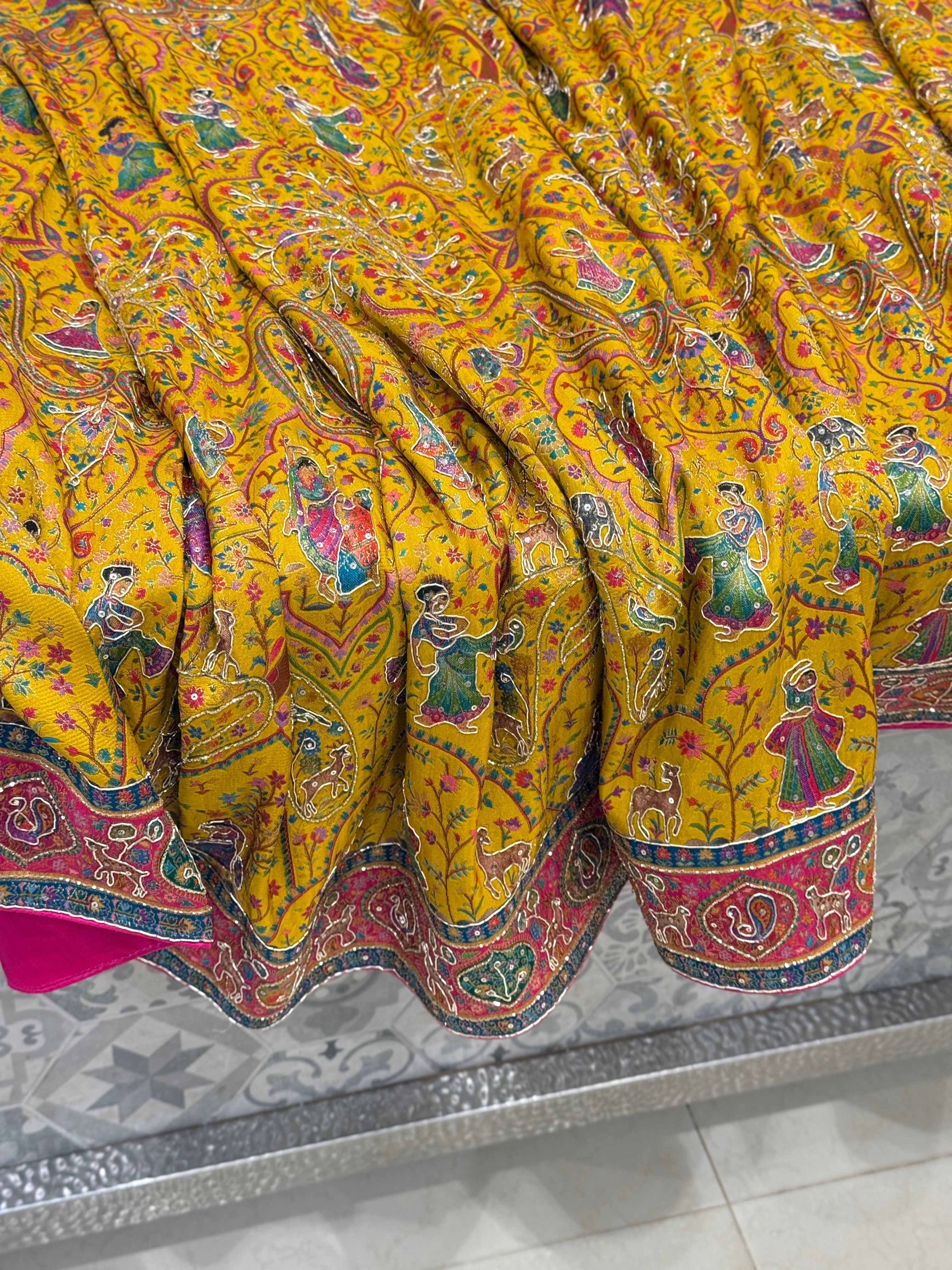 Yellow Pashmina Baluchari Style Hand Embroidery Saree