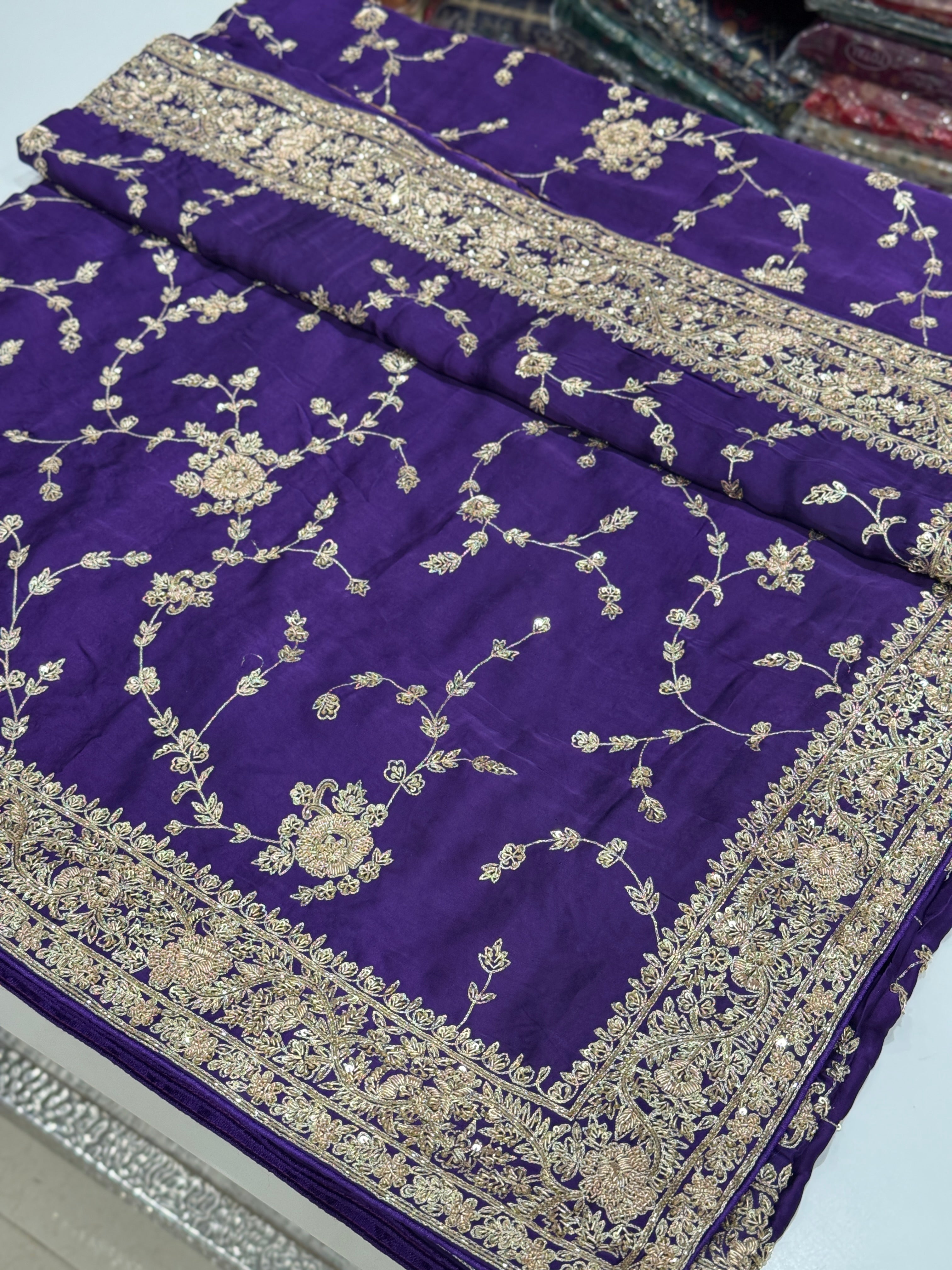 Violet Hand Embroidery Jaal Pure Satin Zardosi Embroidery