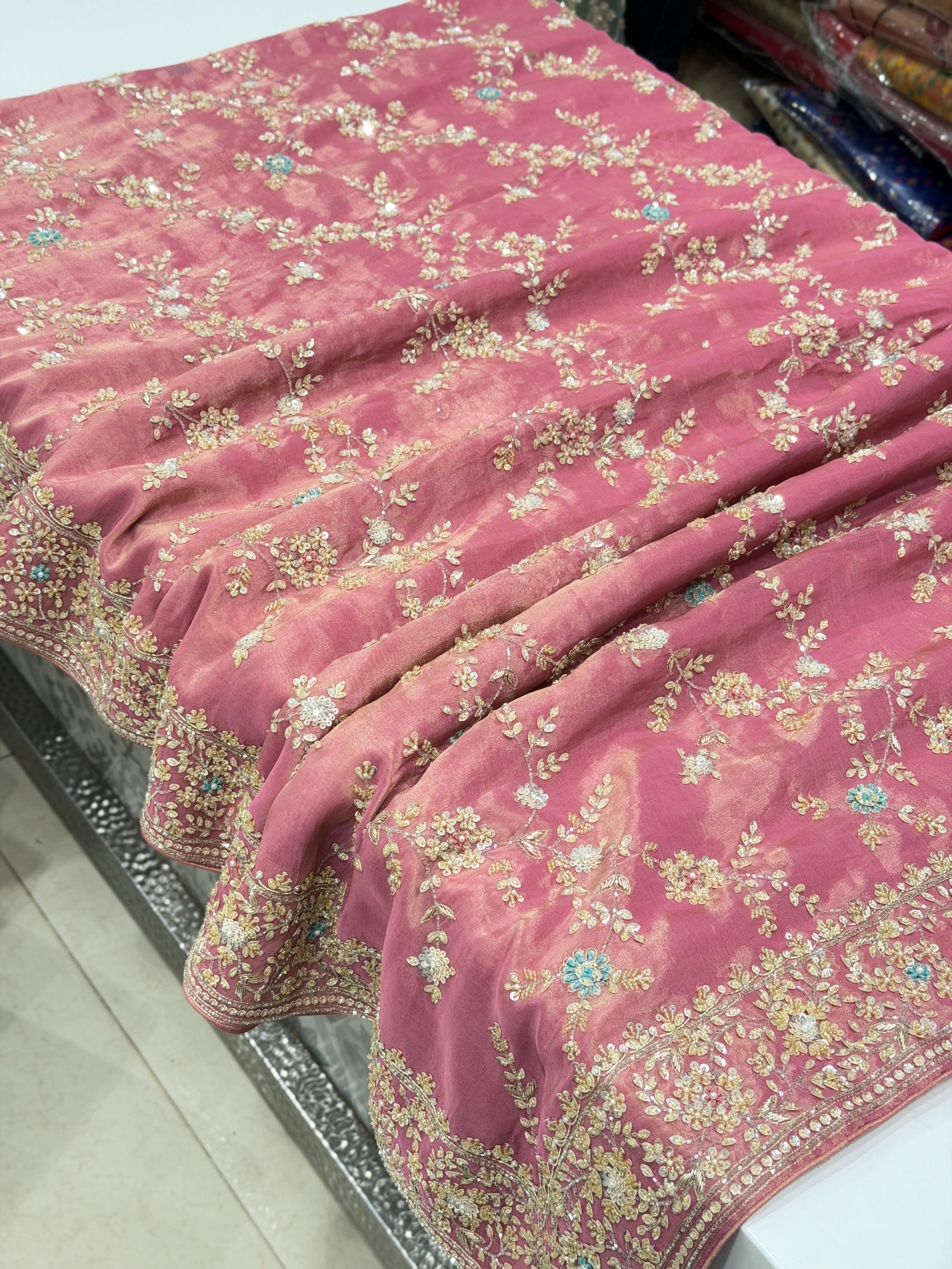 Pink Tissue Silk Moti Sequin Zardosi Hand Embroidery Jaal Saree