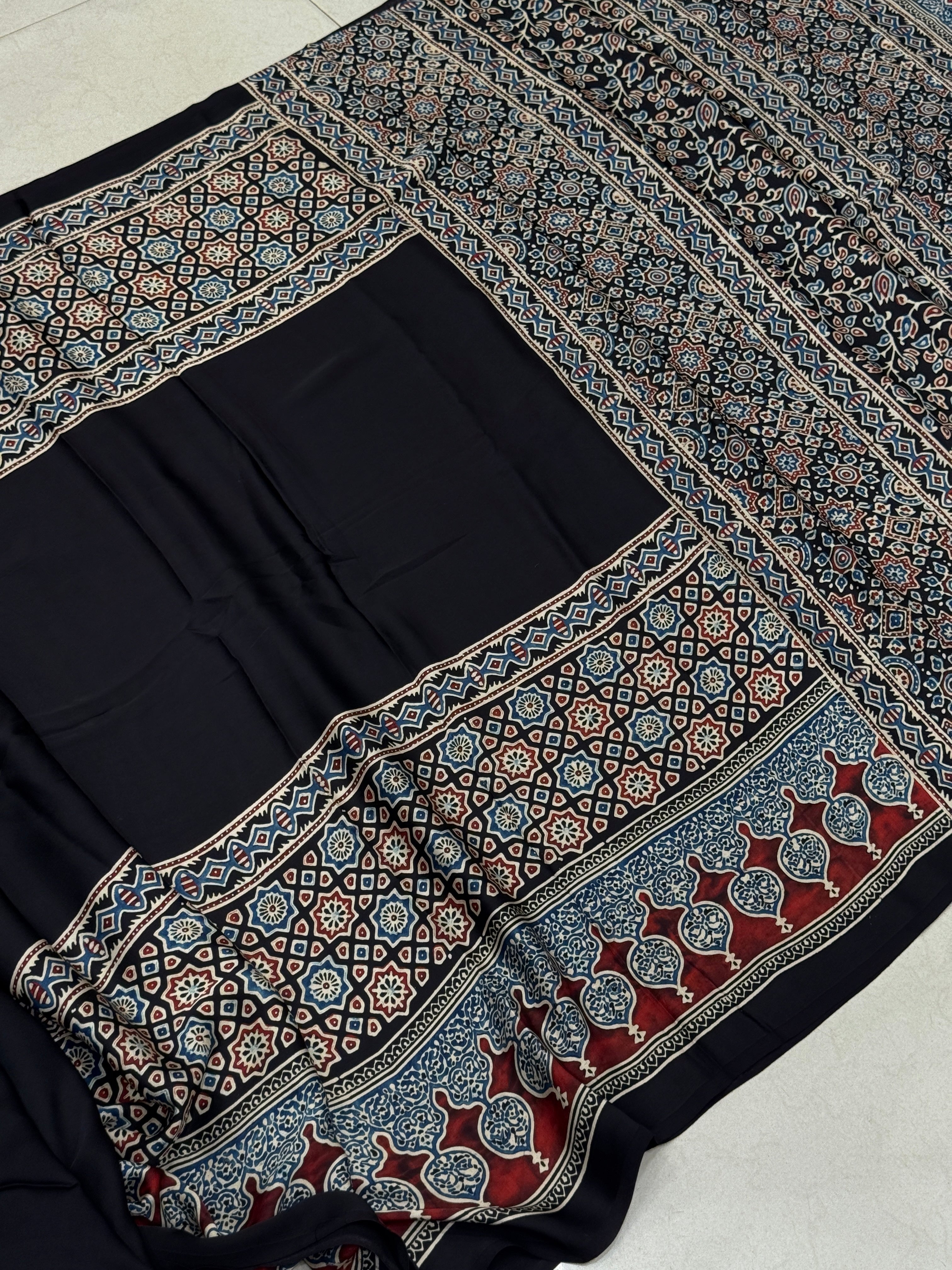 Black Block Star Butti Ajrakh Modal Gajji Silk Saree