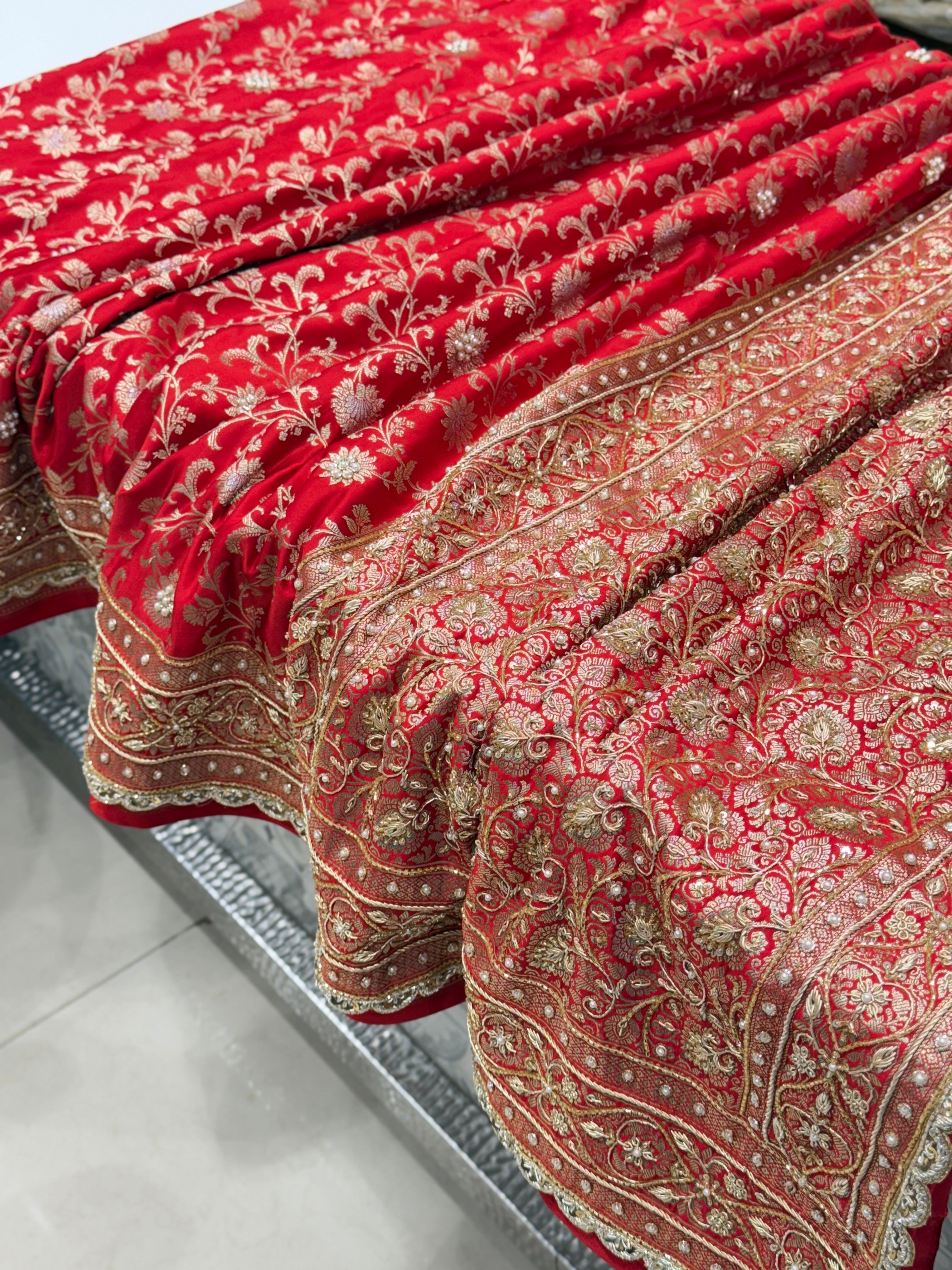 Red Small Jaal Banarasi Zardosi Embroidery Saree