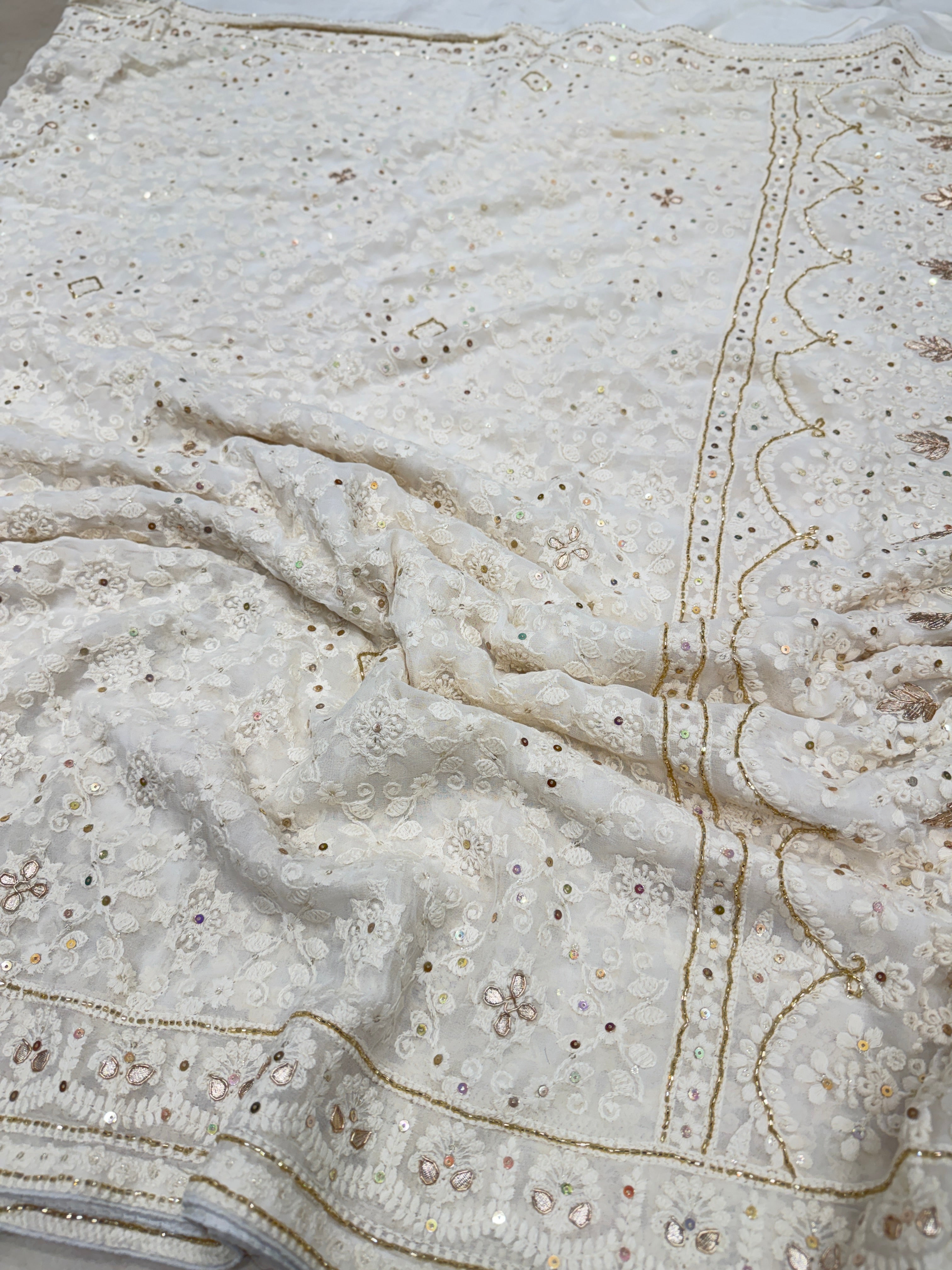 White Chikankari on Georgette with Cutdana Hand Embroidery