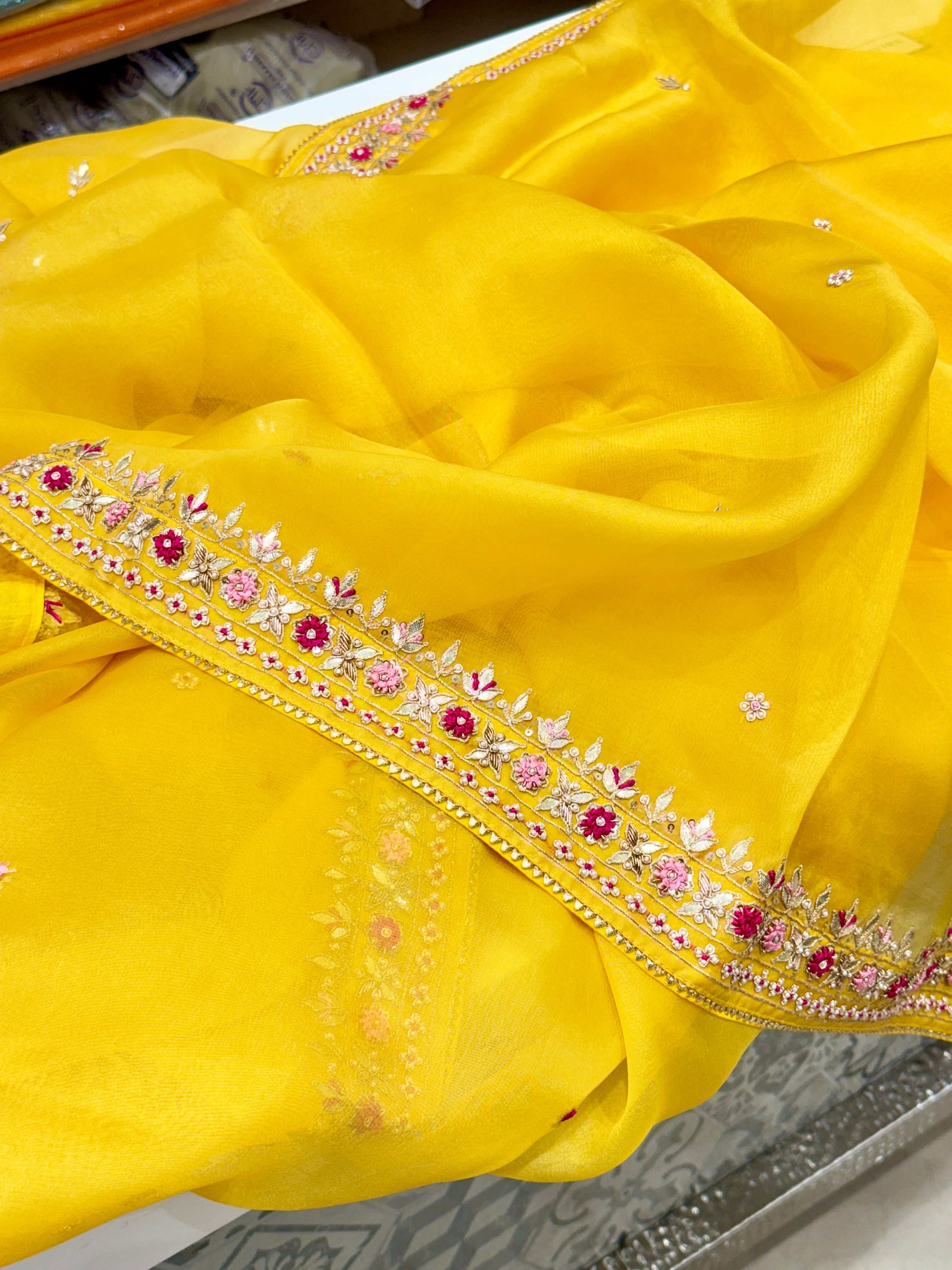Yellow Handloom Organza Zardosi Saree