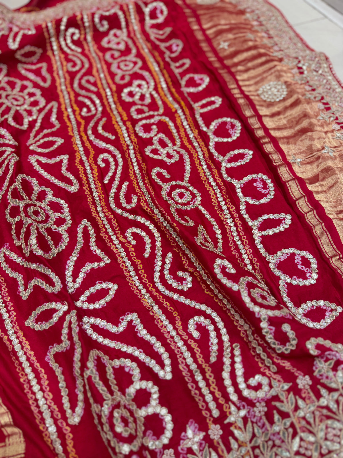 Red Gajji Silk Gharchola Rai Bandhej Gotapatti Marodi Hand Embroidery Saree